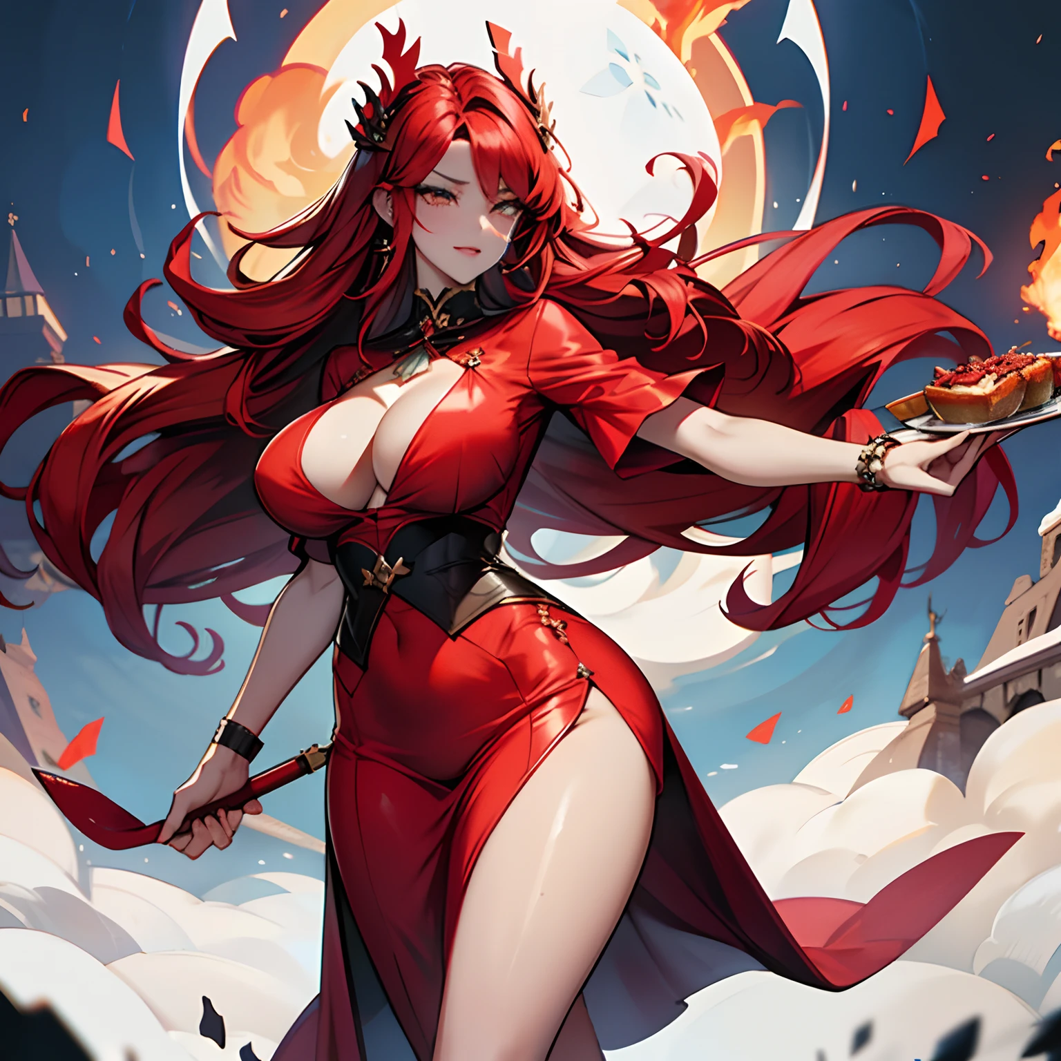 Meet her at the foot of the mountain，She has a cold and elegant appearance。。。，One royal sister，Pure red phoenix pattern clothes red long hair，Tall meat，Sexy and hot，Plump breasts stand up，gigantic cleavage breasts，Large areas of milk meat are exposed，Attractive，a pair of long, Well-proportioned legs exposed under slit skirts，The skirt is short。