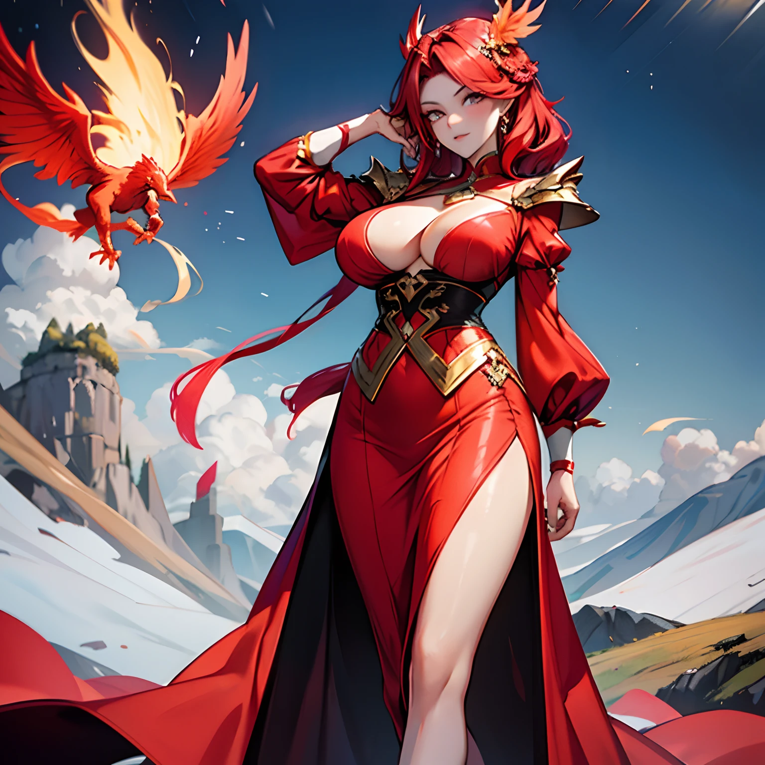 Meet her at the foot of the mountain，She has a cold and elegant appearance。。。，One royal sister，Pure red phoenix pattern clothes red long hair，Tall meat，Sexy and hot，Plump breasts stand up，gigantic cleavage breasts，Large areas of milk meat are exposed，Attractive，a pair of long, Well-proportioned legs exposed under slit skirts，The skirt is short。