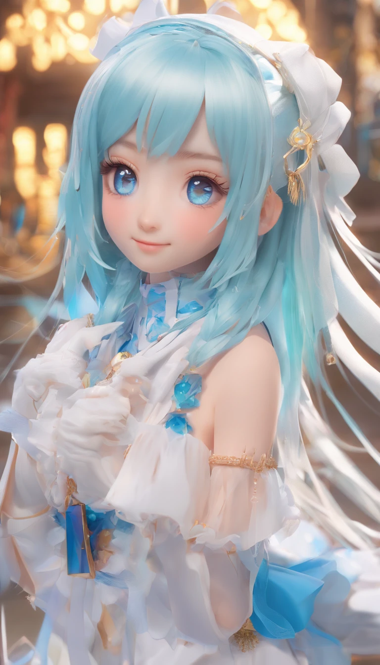 (((巨作))),(((best qualtiy))),((Ultra-detailed)),(illustration),((anextremelydelicateandbeautiful)),(beatiful detailed eyes),(detailedlight) (1girll), 独奏 , Floating_Hair,glowing light eyes,lightblue hair,eBlue eyes, double tails, Light blue sky background,Light blue Christian monument background，White panty hose，Cross necklace，Smile with (Anime style), Beautiful and delicate face，（cute face：1.3），（largeeyes：1.2），（Priestly Maiden Costume），Details installed，（Magic effects：1.3），Flowing skirt，（sheer cloth：1.2），Clear facial features