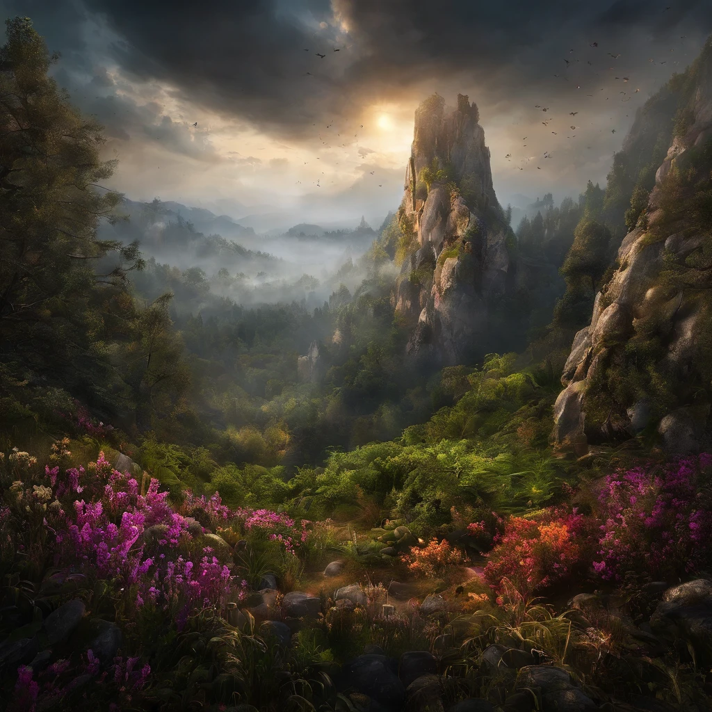 Magnificent view,Forest edge landscape photography Professional high-quality nature digital photography,Spring flowers bushes in the sunlight on a rainy day,precipice,Eau,Boulders,foggy sky,Traces of rain,Nightmare vision, Dark fantasy plot,Perfect and excellent composition,8K分辨率,the detail,Ultra-wide-angle distance shooting,background inside dark,Jack Guzman's environmental art photography,realisticlying,cinematic compositions,Volumetriclighting,A high resolution,vividness, A detailed, Stunning sky,Colorful clouds float,true to life, Pubic area is clear, flawless perfection, Digital SLR, 1024, 2048, 4096, A detailed, Sharp, best qualtiy, high qulity, absurderes,unmanned background,The is very detailed、Detailed lighting shadows,Trends on ArtStation、iintricate、high detal、dramatics、Midjourney Art(Volumetriclighting:1.2)hdr shot。(Faraway view,Super deep view,ultra-wide-angle,Microfocal length lens:1.2)(realisticlying:1.4)tmasterpiece、high high quality、Beautiful photography、globalillumination、