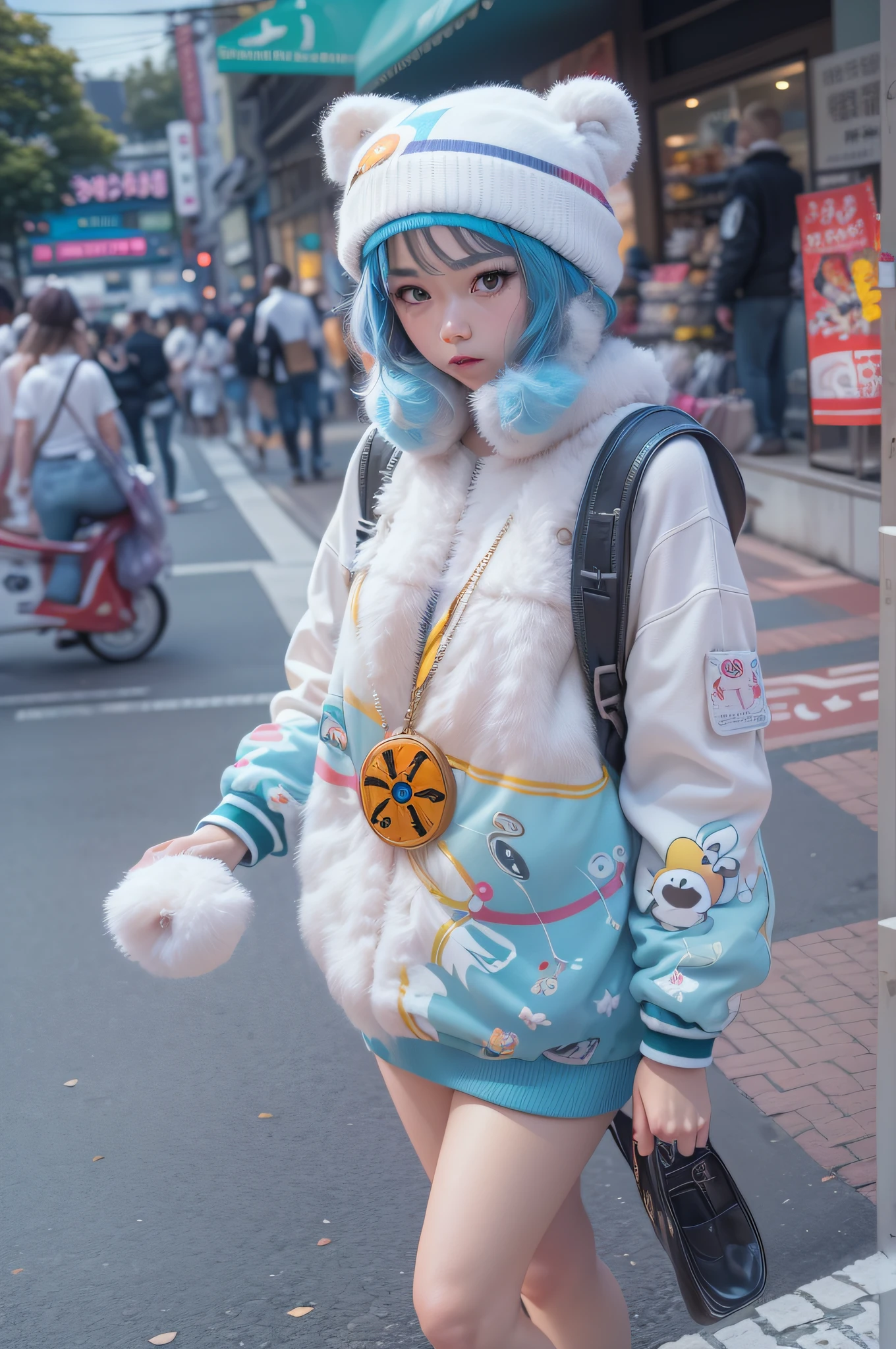 (best quality,4k,8k,highres,masterpiece:1.2),ultra-detailed,(realistic,photorealistic,photo-realistic:1.37),A girl wearing Doraemon-inspired fashion in Harajuku