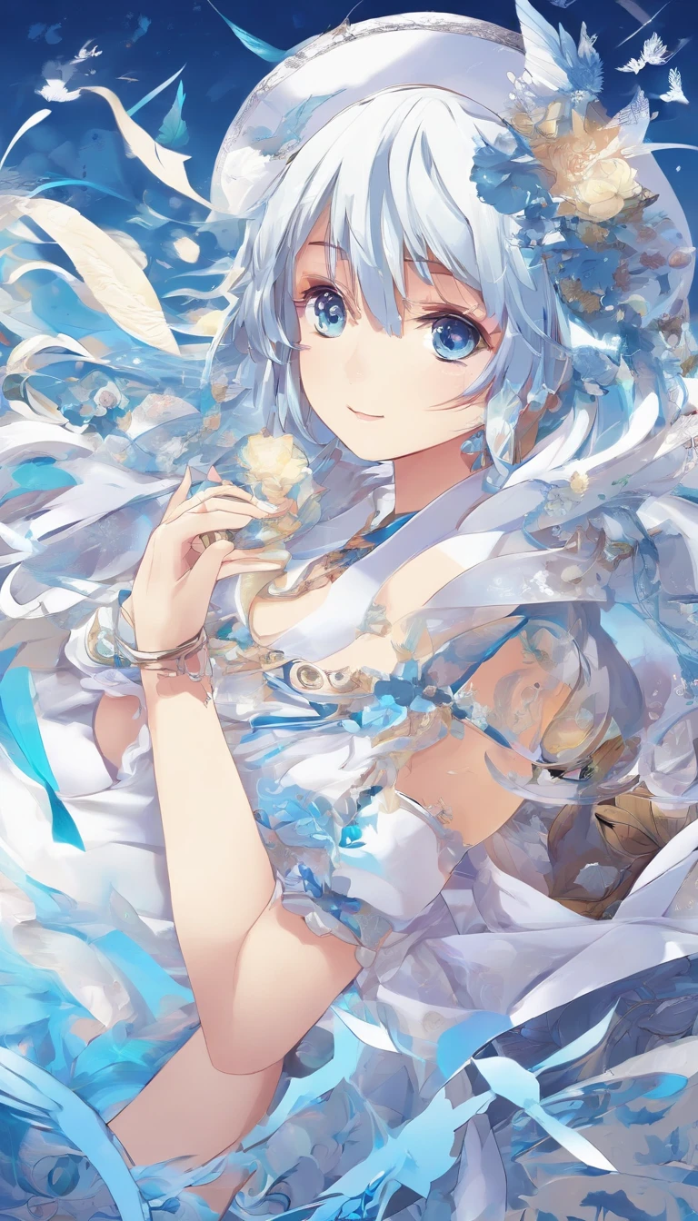 (((巨作))),(((best qualtiy))),((Ultra-detailed)),(illustration),((anextremelydelicateandbeautiful)),(beatiful detailed eyes),(detailedlight) (1girll), 独奏 , Floating_Hair,glowing light eyes,lightblue hair,eBlue eyes, double tails, Light blue sky background,Light blue Christian monument background,White panty hose,Cross necklace,Smile with (Anime style), Beautiful and delicate face,(cute face:1.3),(largeeyes:1.2),(Priestly Maiden Costume),Details installed,(Magic effects:1.3),Flowing skirt,(sheer cloth:1.2),Clear facial features
