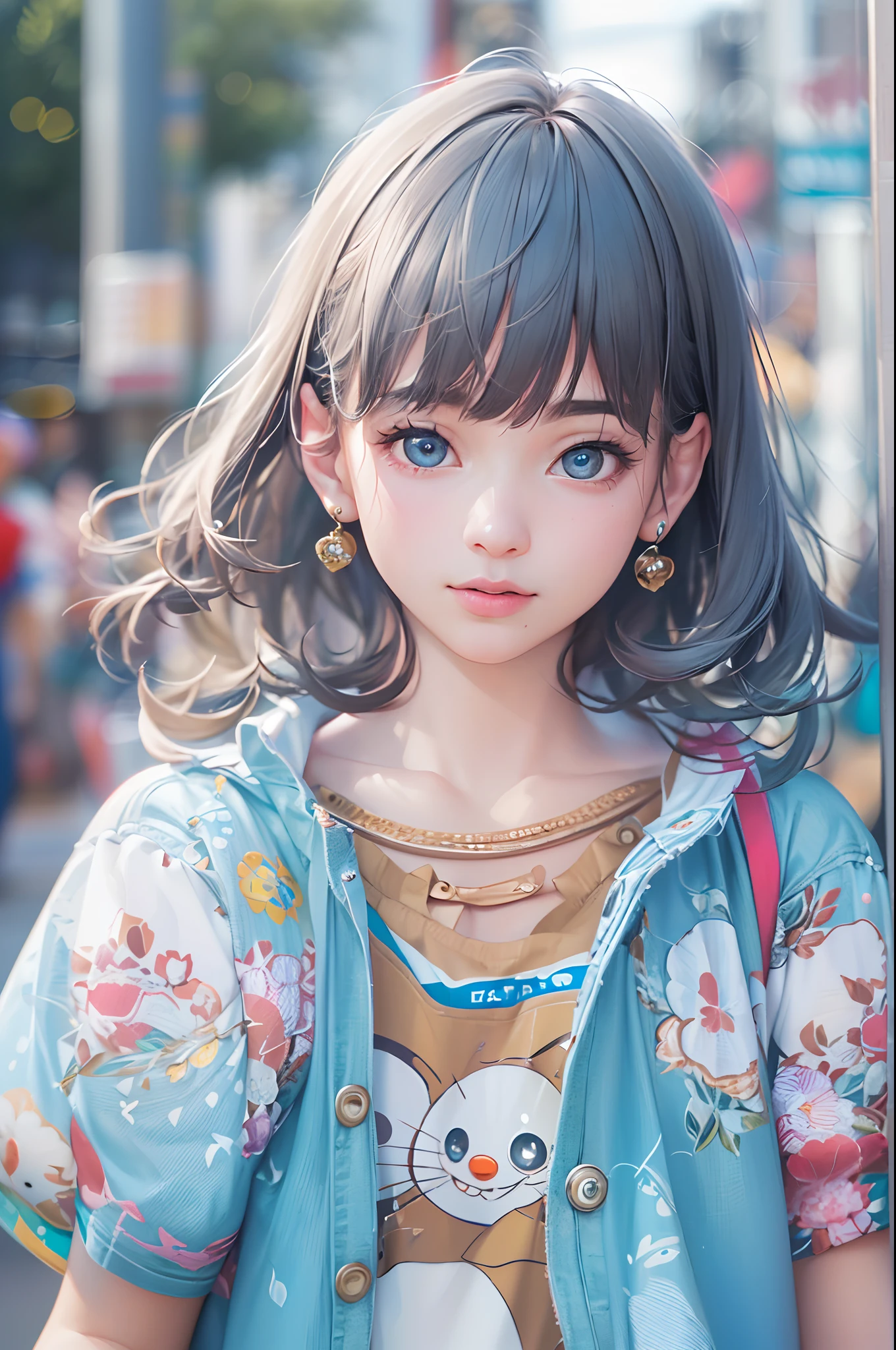 (best quality,4k,8k,highres,masterpiece:1.2),ultra-detailed,(realistic,photorealistic,photo-realistic:1.37),A girl wearing Doraemon-inspired fashion in Harajuku