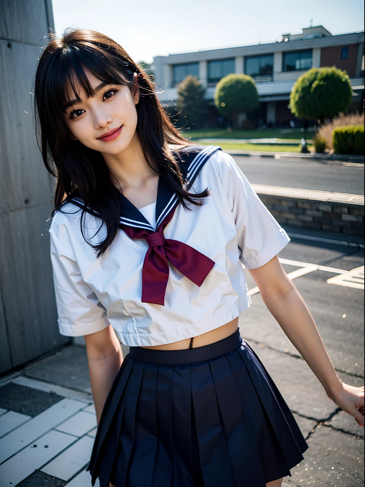 （8K、Raw photography、highest quality、masterpiece：1.2),(black hair、very short hair:1.7),show viewer,Looking at the front,(super sentai series、She is wearing a colorful PreCure series costume...:1.8)、(Clothing that emphasizes the shape of your chest:1.4)、(big breasts :1.4)、slim body shape、ultra high resolution,beautiful,beautiful fece,(alone, alone、no background:1.9),whole bodyボディー,、(black eye、japanese woman: 1.3),（Photoreal：1.37）、photon mapping,reality、(Cute with a : 1.4)、(cute smile: 1.7)、(With a round face: 1.9)、radio city、Physically based rendering、depth of field rally background、photograph, (I can see your knees,close up of thighs、skirt is too short、spread your legs、showing off white panties:1.4),whole body、super fine