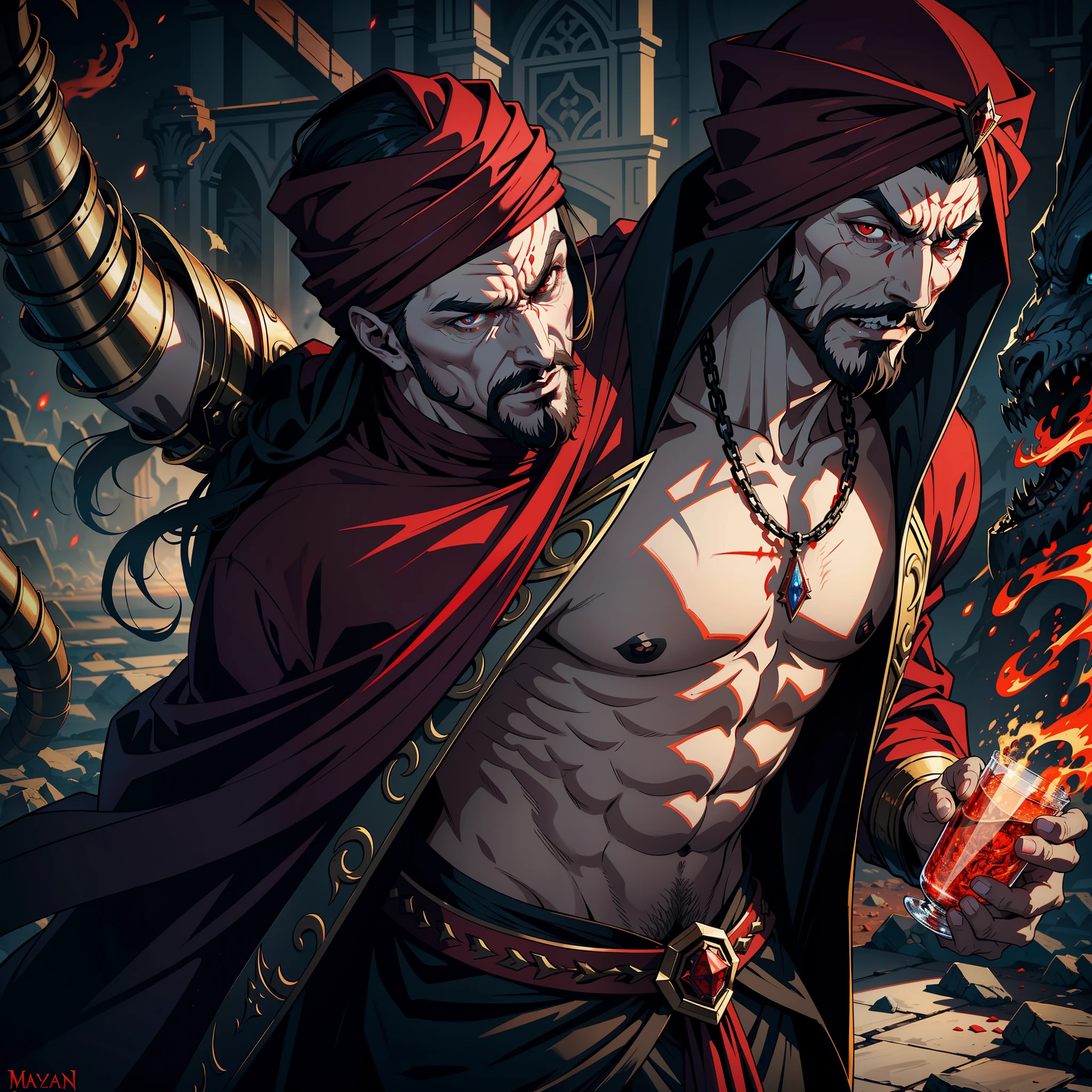 Hyper Realistic Lord Dracula Handsome Scary Legendary Man in His 36 Years Handsome with Red Moroccan Turban in a Fierce War Hyper Realistic Super Detailed Legendary Demons A Lot Of Dead Demons Scary Horific Scene