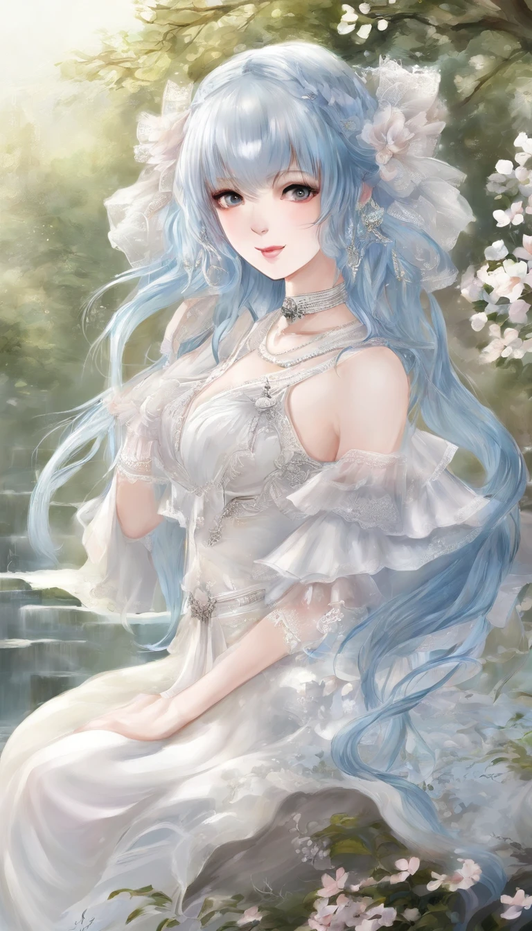 (((巨作))),(((best qualtiy))),((Ultra-detailed)),(illustration),((anextremelydelicateandbeautiful)),(beatiful detailed eyes),(detailedlight) (1girll), 独奏 , Floating_Hair,glowing light eyes,lightblue hair,eBlue eyes, double tails, Light blue sky background,Light blue Christian monument background,White panty hose,Cross necklace,Smile with (Anime style), Beautiful and delicate face,(cute face:1.3),(largeeyes:1.2),(Priestly Maiden Costume),Details installed,(Magic effects:1.3),Flowing skirt,(sheer cloth:1.2),Clear facial features