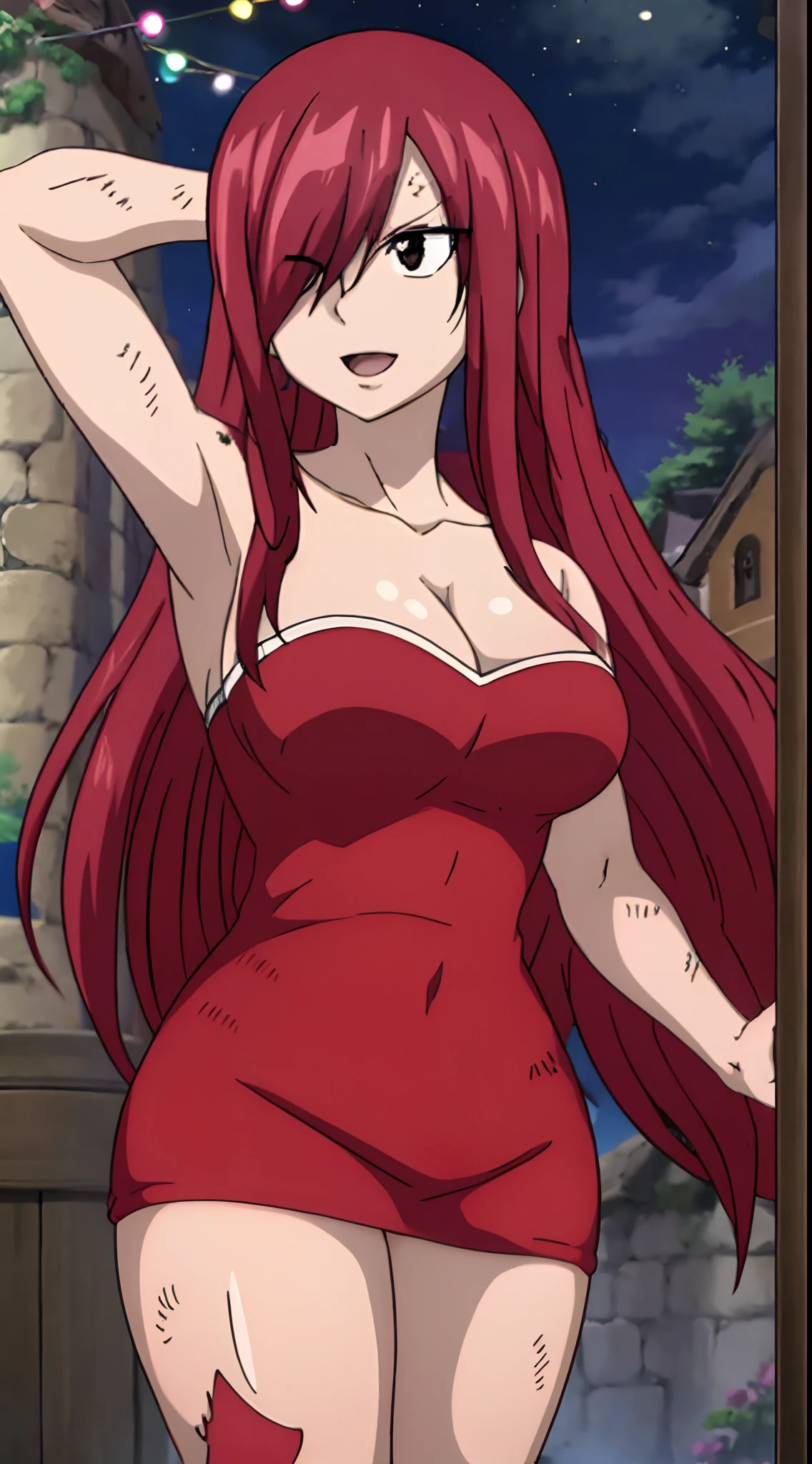 masterpiece,gala dresses,cleavage,best quality, highres, fairy tail, 1girl, long hair, reddish hair, (bang cover one eye, one hidden eye, brown eye), large breasts, collarbone, midriff, standing, midnight, smile, open mouth, emo hair, thick arms, broad shoulders, mature woman, (tall), wide shoulders, long belly, strong arms, ultra detailed arms,