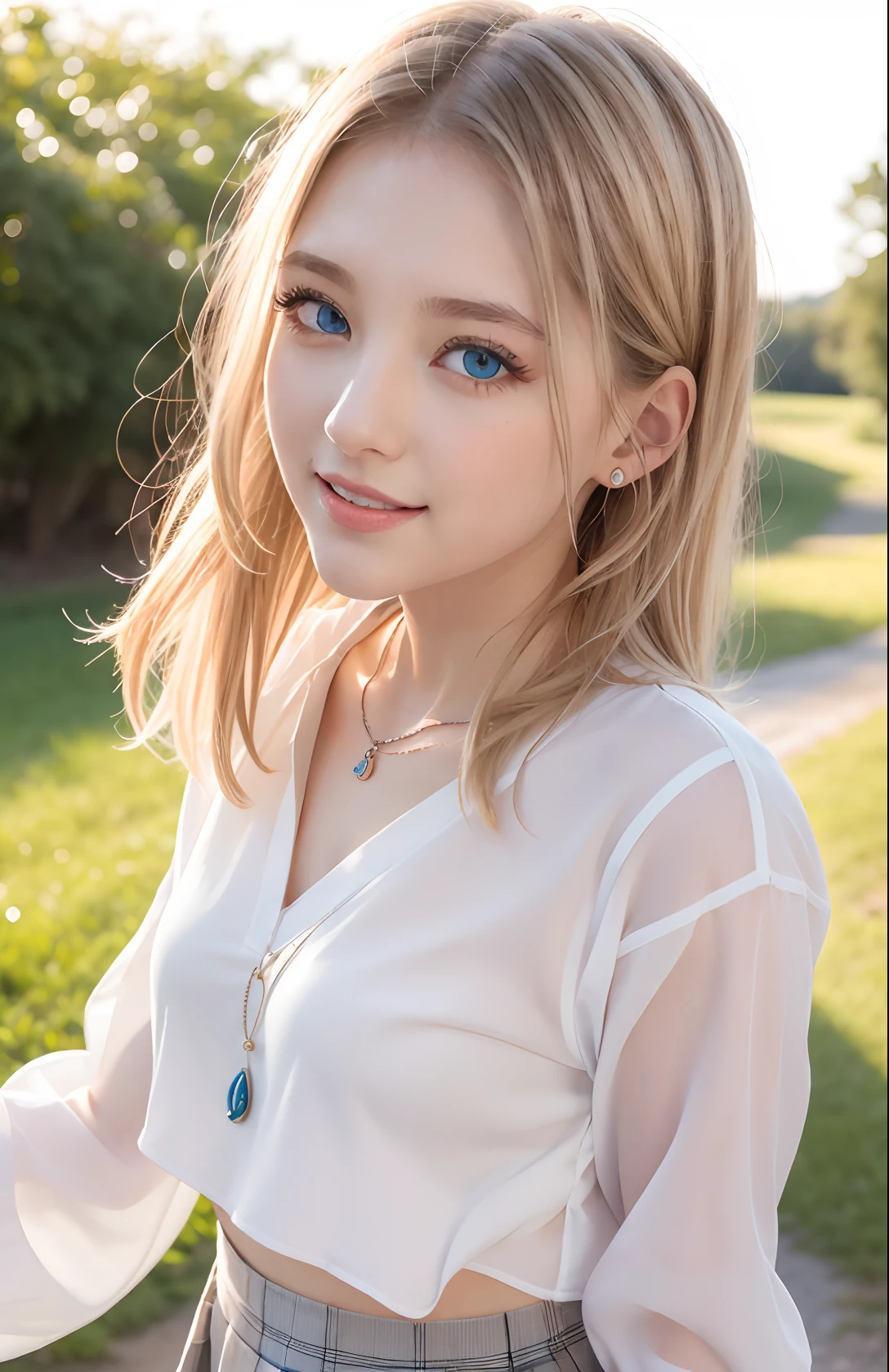 absurderes, ultra-detailliert,bright colour,(in 8K:1.3),masuter piece,extremely beautiful detailed face and eyes, 25 years old,(Smooth straight blonde hair:1.3), (Shiny hair:1.2), Delicate beautiful face, red blush、(Deep Blue Eyes:1.3), Happy smile、closes mouth、(White School Uniform)、Black socks、(plaid skirts)、early evening、Lots of countryside、Big sunset、Orange view、Small necklace、
