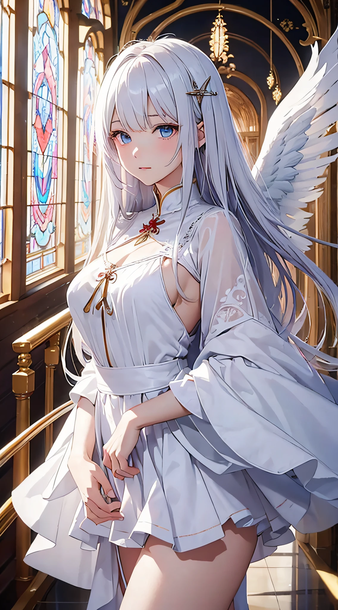 8K picture quality、angelicales、clean４Twin wings、Wings growing from the back、４facing８Wings、Fluttering feathers、Deities々Right、（Circle of Angels、Ring of light overhead）、long white hair、anime style 4 k, anime moe art style,Western women、（Beautiful woman with blue eyes and red eyes、Asymmetrical eye color、（Odd-Eyed Woman））、Slender limbs、large full breasts、Beautiful whole body、full bodyesbian、Look up angle、white  clothes、white cloth dress、Large area of fabric、Long skirt、White clothes with invisible chest、White cloth with legs invisible、Dress like a priest、Gold decoration、Inside the Temple、Large stained glass、Beautiful stained glass background、Stained glass all over the background、Angle of view of the whole body、Composition that makes you look up a little