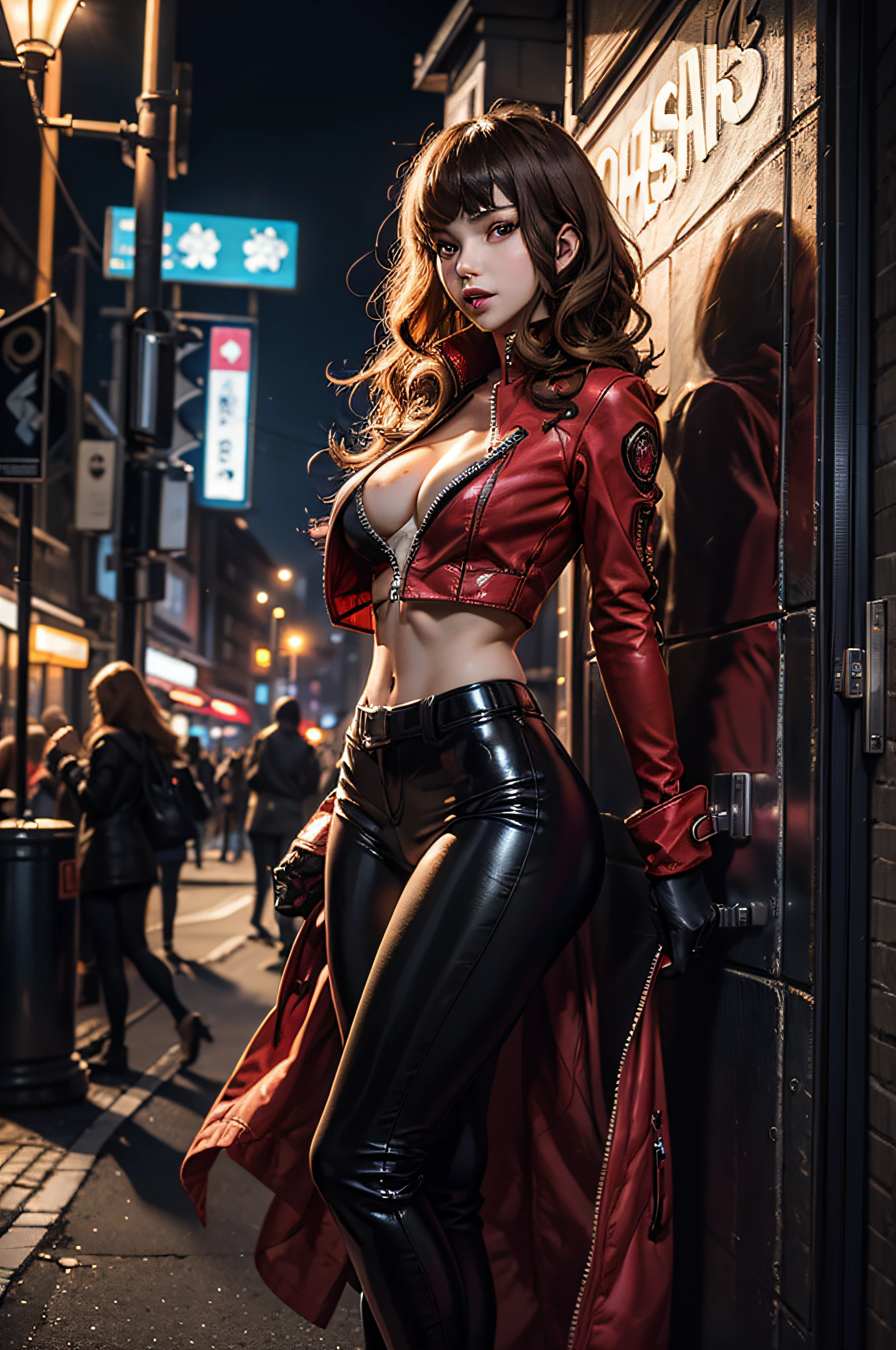 masterpiece, best quality), ((ultra detailed, extremely intricate, ultra high res, RAW, HDR, )), , inely detailed beautiful eyes,
(photorealistic:1.2)city street background, busy street view, (night),
1girl, looking at viewer, upper Full body, lens 135mm, f1.8, Hand on Hipp
takamaki anne, natural breasts,
inely detailed beautiful eyes, perfect eye makeup, wide-eyed, glowing eyes,
(red clothes), bright red skintight latex Catsuit with zippers and cleavage window:1.3),
cat tail, blonde hair, dreamlike, dreamy, floaty, modelshoot style,
sexy slutty quality,
Detailed skin texture, detailed cloth texture, stunning gradient colors, ray tracing,
side lighting, Rim lighting, best shadow,
perfect female body, perfect breasts, slender hips, perfect anatomy, smooth midriff, skiny and thin, lustrous skin, glossy skin, slim legs, shiny skin,
public, photographer, takamaki anne(persona 5), ,takamaki anne(persona 5)
