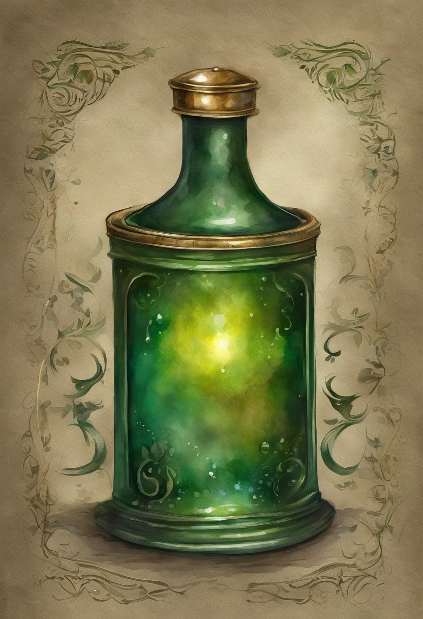 Iridescent Potion Green Luminous Round, With a sophisticated brass brodo metallic motifs details, Potion Style Active Games with Liege Lid