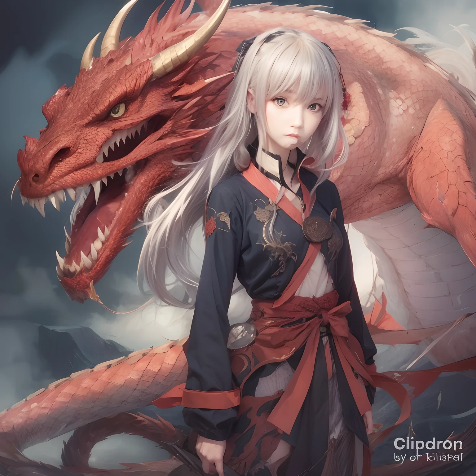 girl with long white hair and red dragon tail, the dragon girl portrait