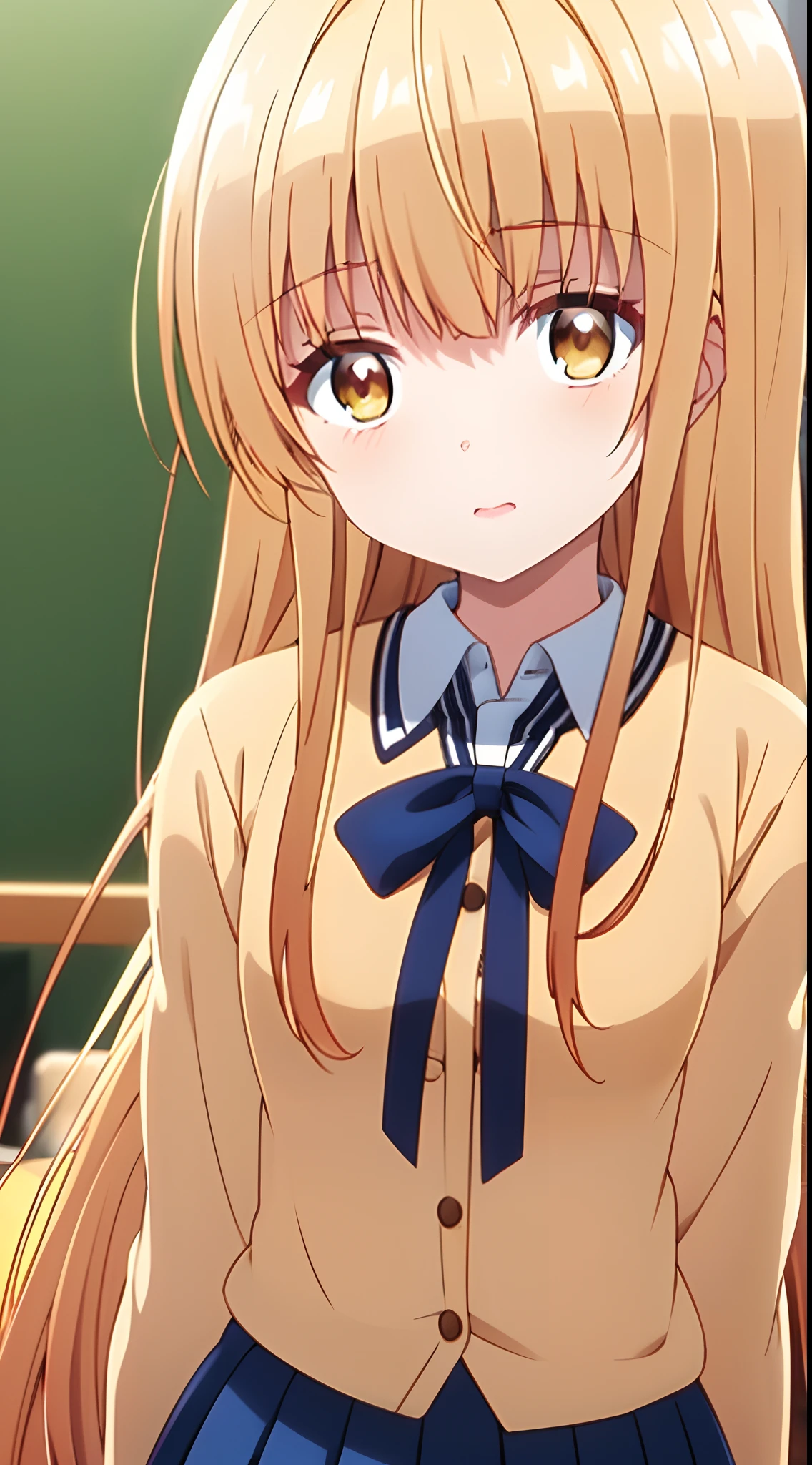 (The beauty of one beautiful girl、shiina mahiru、18years old、Brown-eyed(High resolution eyes、Beautiful eyes、Light in the eyes)、super high precision、hiquality、top-quality、animesque、2D、Blonde Long Hair、Fine-grained skin、Red cheeks、Red ears、Mischievous、During naughty delusions、Beautiful small breasts)、Close-up representation of a single person、Full body like、Wearing a white school uniform、schools、