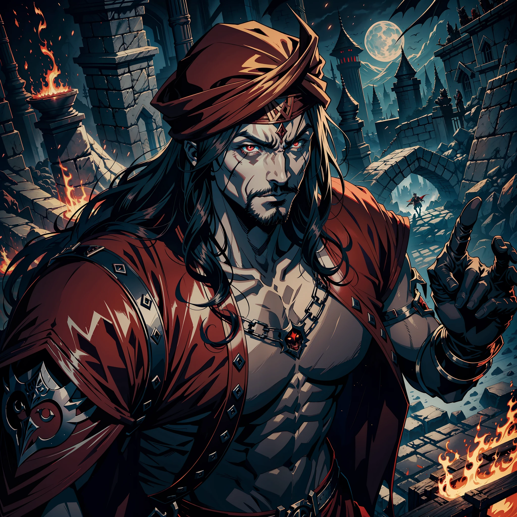 Castlevania Hyper Realistic Shadow Lord Super Detailed Dynamic Plan Master Piece of Lord Dracula Medieval Arab Warrior with Red Turban Scary Face Hokuto No Ken Structure Muscular Face Kenshiro Troops at the head Army of demons to fight sharp details Cinematic Scenes Epic Movie Hyper Realistic Movie Movie Legendary Movie Epic Movie