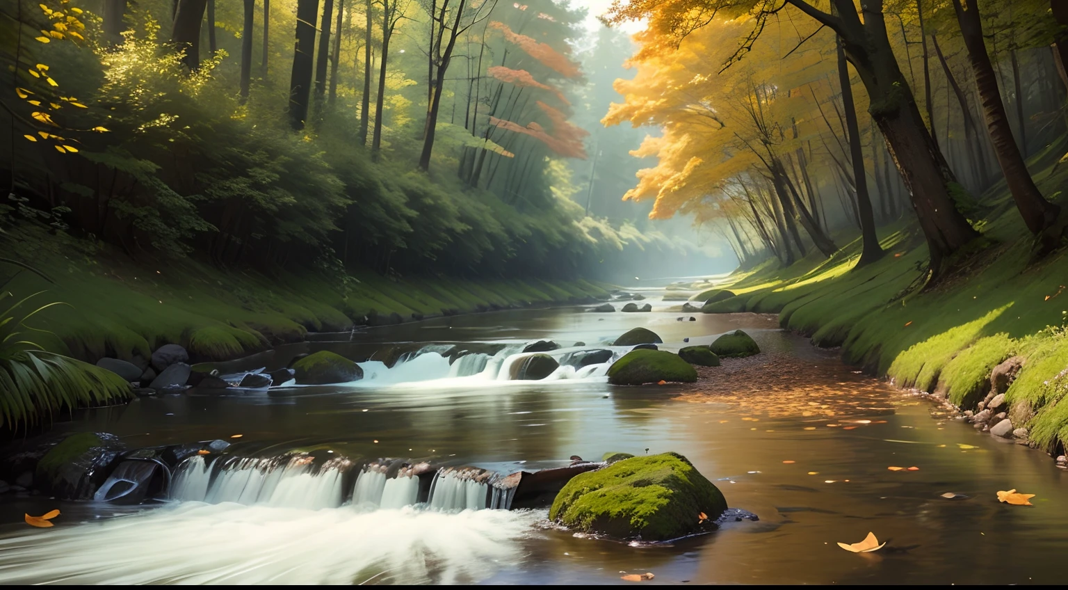 A STREAM WITH LEAVES FLOATING ON THE SURFACE OF THE WATER