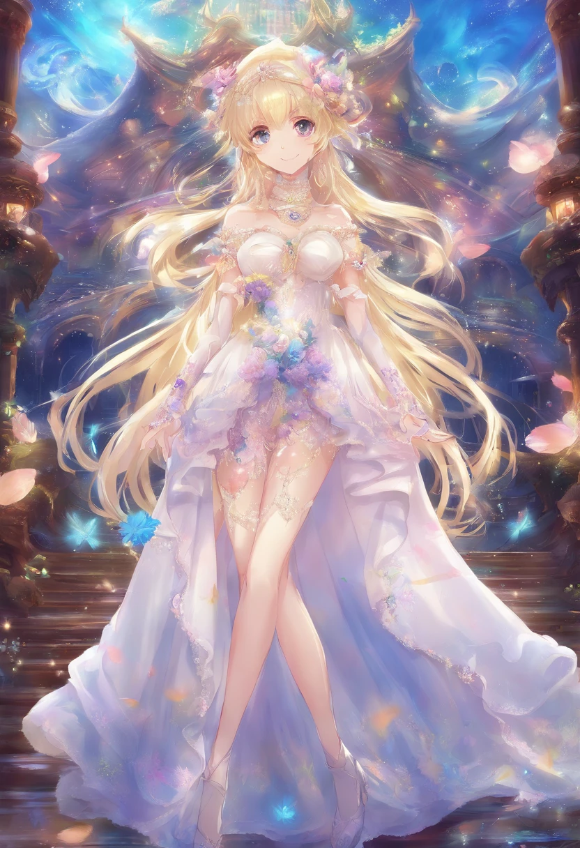 ((top-quality、8K、masterpiece:1.3)),high-level image quality、最high-level image quality、top-quality、hiquality、slenderbody、Beautiful feceボディーライン、Beautiful fece女性、Colossal tits、Sexy style、Insist cleavage、Boob emphasis、(1girl in:1.4)、ultra-detailliert、Beautiful and aesthetic、Beautiful fece、masterpiece、Show off your cleavage、undergarment、Huge chest chest)、sexy undergarment、garterbelts、sheer bondage costume、(full body1:4)、Beautiful fece女性は, (medium length yellow hair), Detailed huge breasts, Lovely smile, (Warm colors), moist, moist, Reflectors, (masutepiece) 、(Best Quality) (Detailed) , (8K) (Studio Lighting) (Convoluted) , ((Flower arch so magical and dreamy)), opulent, ethereal fairy tale, Rich pastel color palette, Ethereal dreamy theme, dreamy and detailed, The setting of a fairy tale:, (((building with many flowers)))、anime fantasy artwork, anime fantasy illustration, Beautiful feceアートワークのイラスト, Beautiful feceアニメアートwork, elaborate digital art, Convolutedな華やかなアニメCGIスタイル, anime art nouveau cosmic display, Beautiful feceアニメアート, Beautiful feceデジタル芸術作品, Beautiful feceファンタジーアニメ, Detailed anime artwork, Detailed Digital Anime Art, dreamy psychedelic anime、Sheer Sexy Lingerie、sheer lingerie、Beautiful fece表現、Beautiful fece乳房、A detailed eye、Clearly eye-catching, beautiful and alluring、Beautiful fece目、Narrow waist、Beautiful fece白い肌、red rip、((lots of flower hair ornaments))