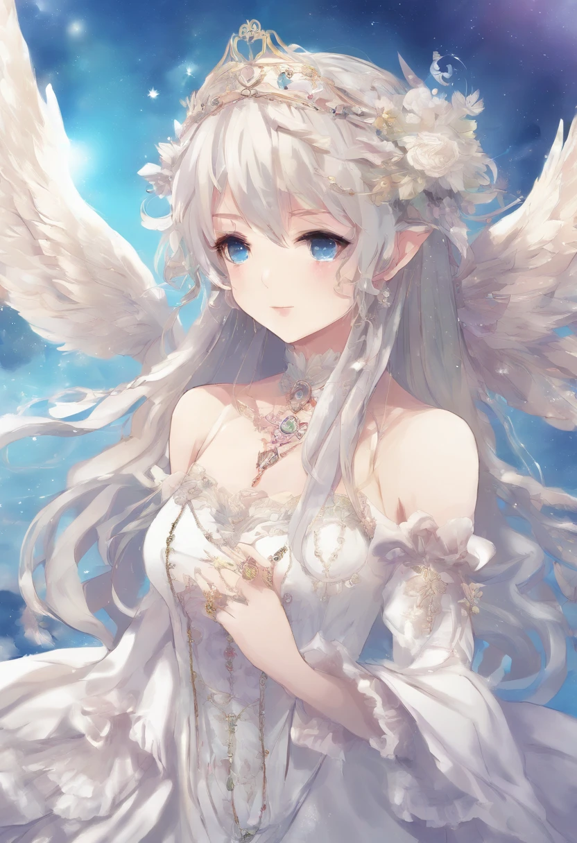 (((巨作))),(((best qualtiy))),((Ultra-detailed)),(illustration),((anextremelydelicateandbeautiful)),(beatiful detailed eyes),(detailedlight) (1girll), 独奏 , Floating_Hair,glowing light eyes,lightblue hair,eBlue eyes, double tails, Light blue sky background,Light blue Christian monument background,White panty hose,Cross necklace,Smile with (Anime style), Beautiful and delicate face,(cute face:1.3),(largeeyes:1.2),(Priestly Maiden Costume),Details installed,(Magic effects:1.3),Flowing skirt,(sheer cloth:1.2),Clear facial features