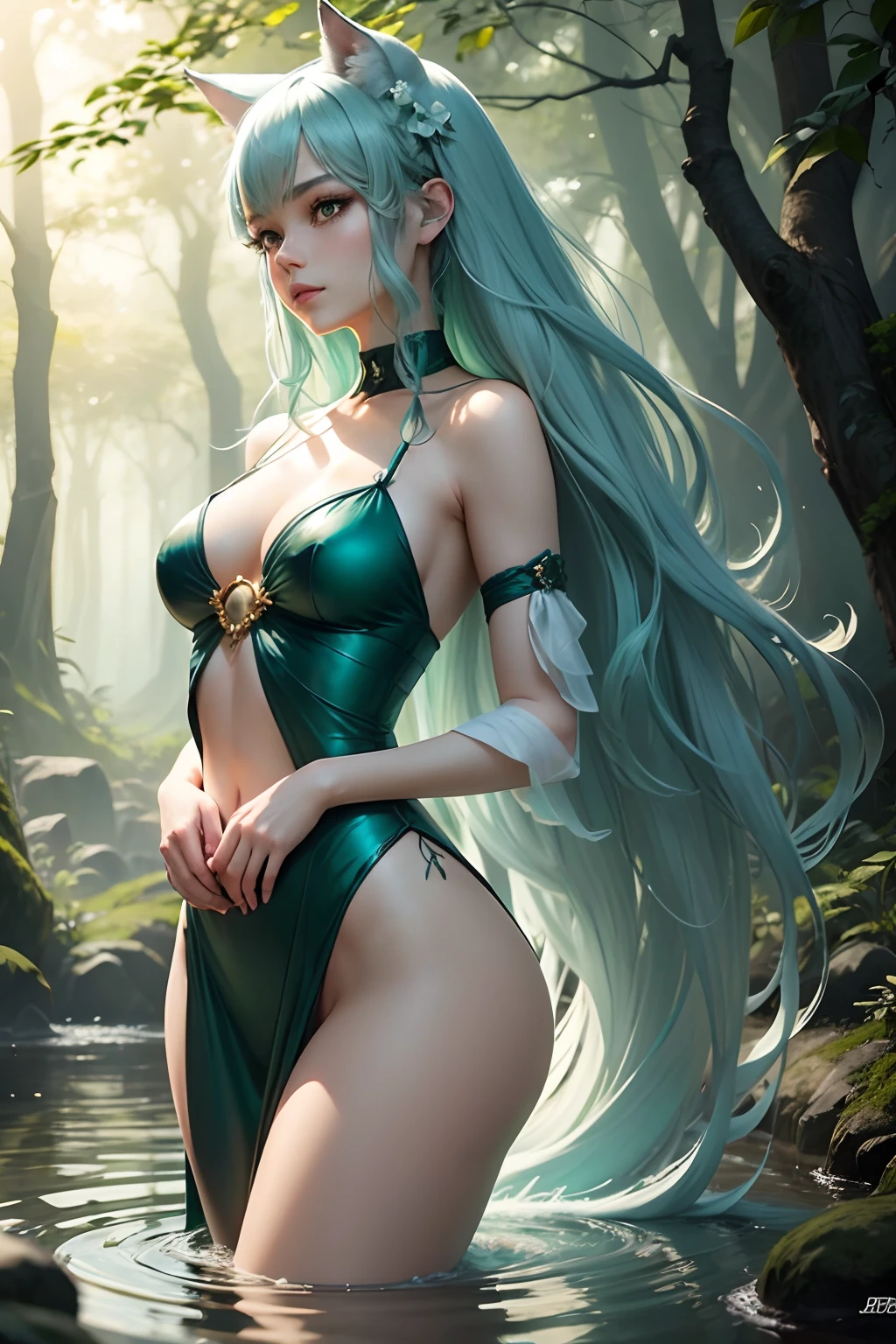 Picture a captivating character with lustrous teal-green hair cascading in elegant waves, creating a striking and mesmerizing visual. She embodies the essence of a catgirl, adorned with equally enchanting teal-green ears that gracefully frame her face. While a tail may be considered, it's optional, as its presence tends to enhance the character's charm or add an element of playfulness. Her physique is characterized by medium-sized breasts that accentuate her feminine allure, complementing her slender build. This character exudes a captivating blend of cuteness and sensuality, striking the perfect balance between an endearing charm and a seductive allure. Now, imagine placing this character in a tranquil, serene setting where nature's beauty reigns supreme. Picture her amidst a serene forest glade, bathed in soft, dappled sunlight filtering through the leaves of ancient trees. The gentle sound of a nearby babbling brook provides a soothing melody, while the rustling leaves and the distant call of birds add to the atmosphere of calm and relaxation. In this idyllic natural environment, let's introduce a small, white fox as either a background element or a companion to the character. This ethereal fox boasts pristine white fur and mesmerizing green eyes, radiating a sense of majesty. It can be seen as an enchanting presence in the composition, enhancing the overall charm of this captivating scene. This detailed and evocative portrayal should capture the character's captivating beauty and the enchanting essence of the white fox in a setting that evokes a sense of serenity and tranquility. create natural light from the sun as if god rays were breaking through the forest canopy.