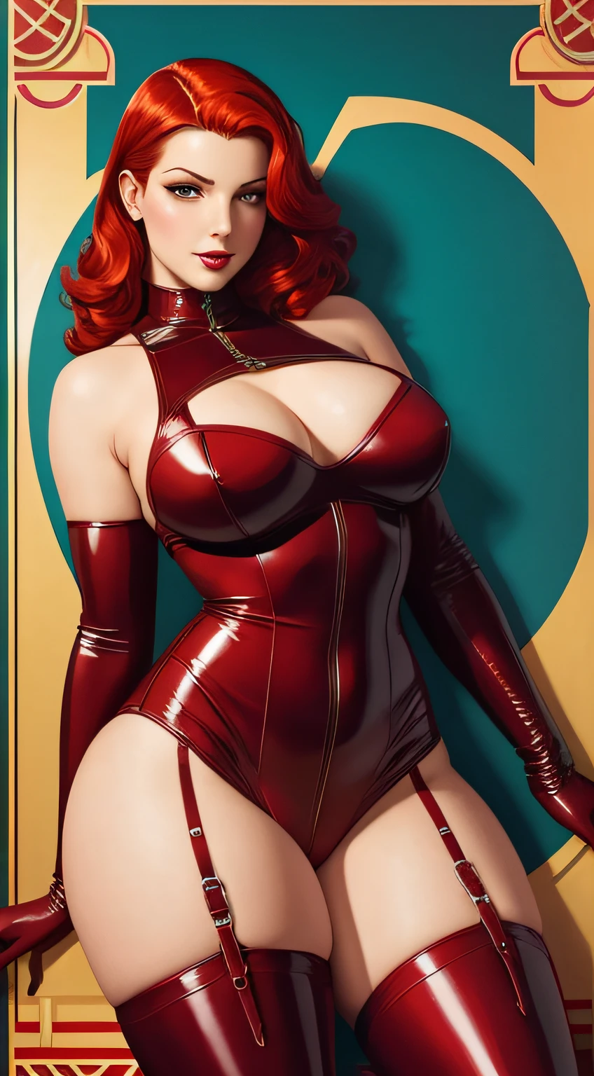gauche realistic illustration sexy busty n a dominatrix costume / entire proper body /red head /bare hands /thick thighs / art deco poster