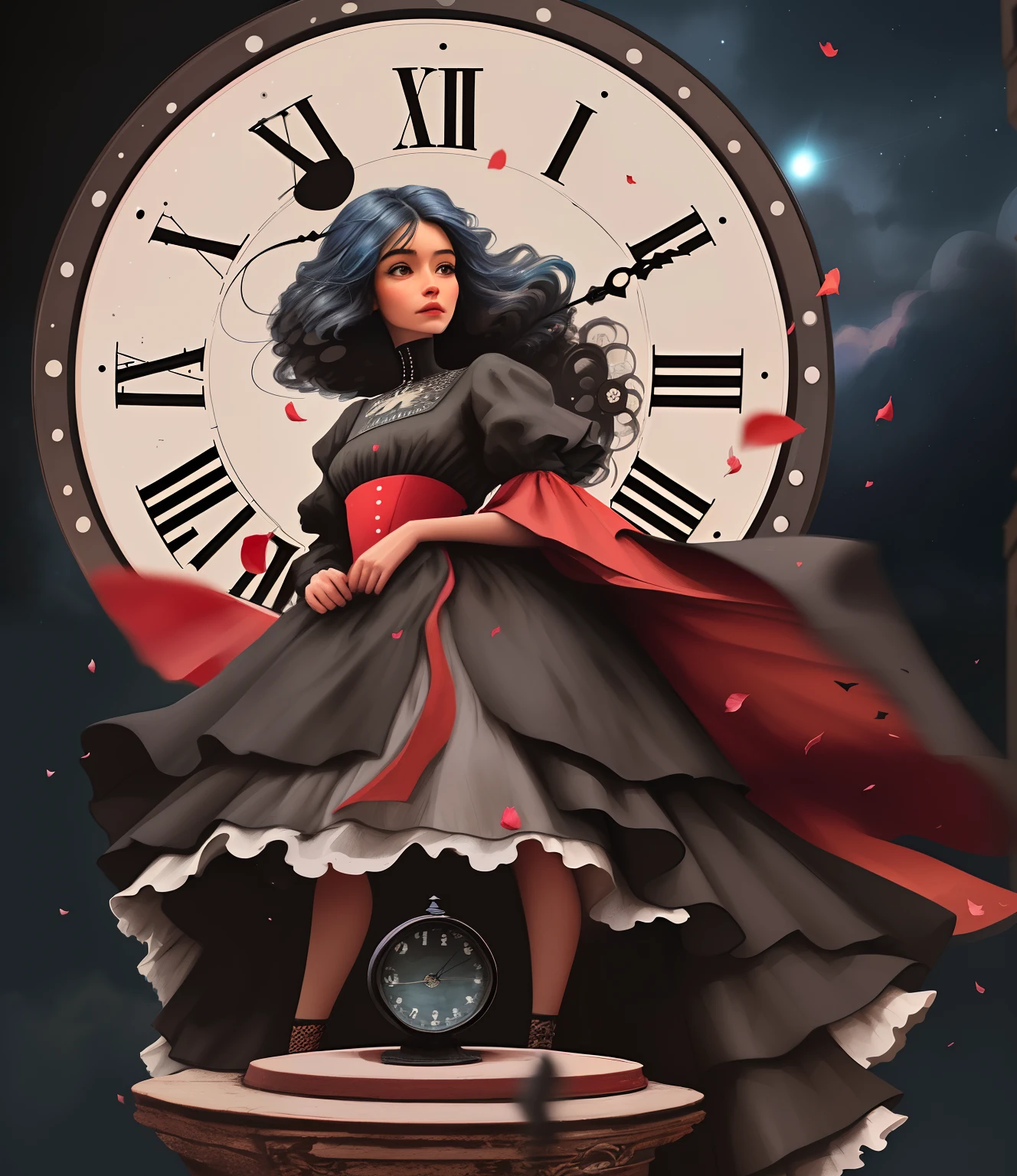 A closeup of a woman in a dress standing in front of a clock, clockwork woman, Clockpunk, Arte Nova! Mulher de cabelo loiro, cabelo altura das costas, vestido azul, vestido modelo vintage, abaixo dela mais ou menos no meio do vestido pode ver um castelo vermelho, Rose petals flying around you, night  sky, mulher parecendo assustada e perdida