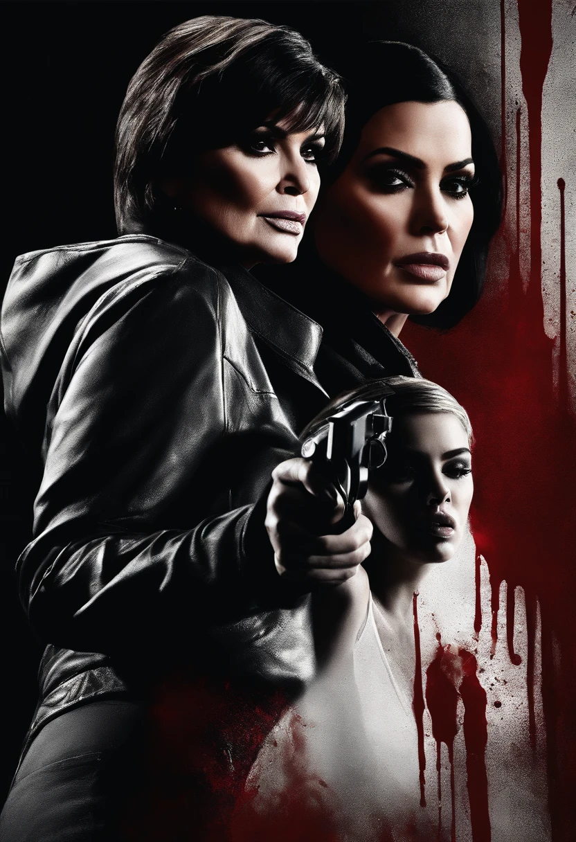 Kris Jenner holding a gun to Kylie Jenner's head,painting,realistic,highres,ultra-detailed,horrifying,emotional, dark and contrasting colors, dramatic lighting, intense atmosphere, portrait,Kris with a stern and furious expression,Kylie with a terrified and pleading look,paint dripping down the canvas,hauntingly beautiful,detailed facial features,shadows and highlights accentuating the emotions,expressionist style,gritty texture, black and white with a splash of blood red,alluring darkness,subtle hint of danger, jaw-droppingly powerful.