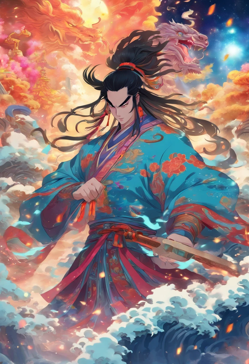 (((Chinese Giant))) Best Quality, Ultra-High Resolution, 4K Detailed CG, Masterpiece, Pagu,Giant,Black Hair,Axe, Breaking Galaxies,Universe,Chinese Clothing,Chinese Mythology, Chinese Painting Style, Shui mo Hua, Thangka Style,Aesthetics, Beautiful Image, Depth of Field, Centered on Screen