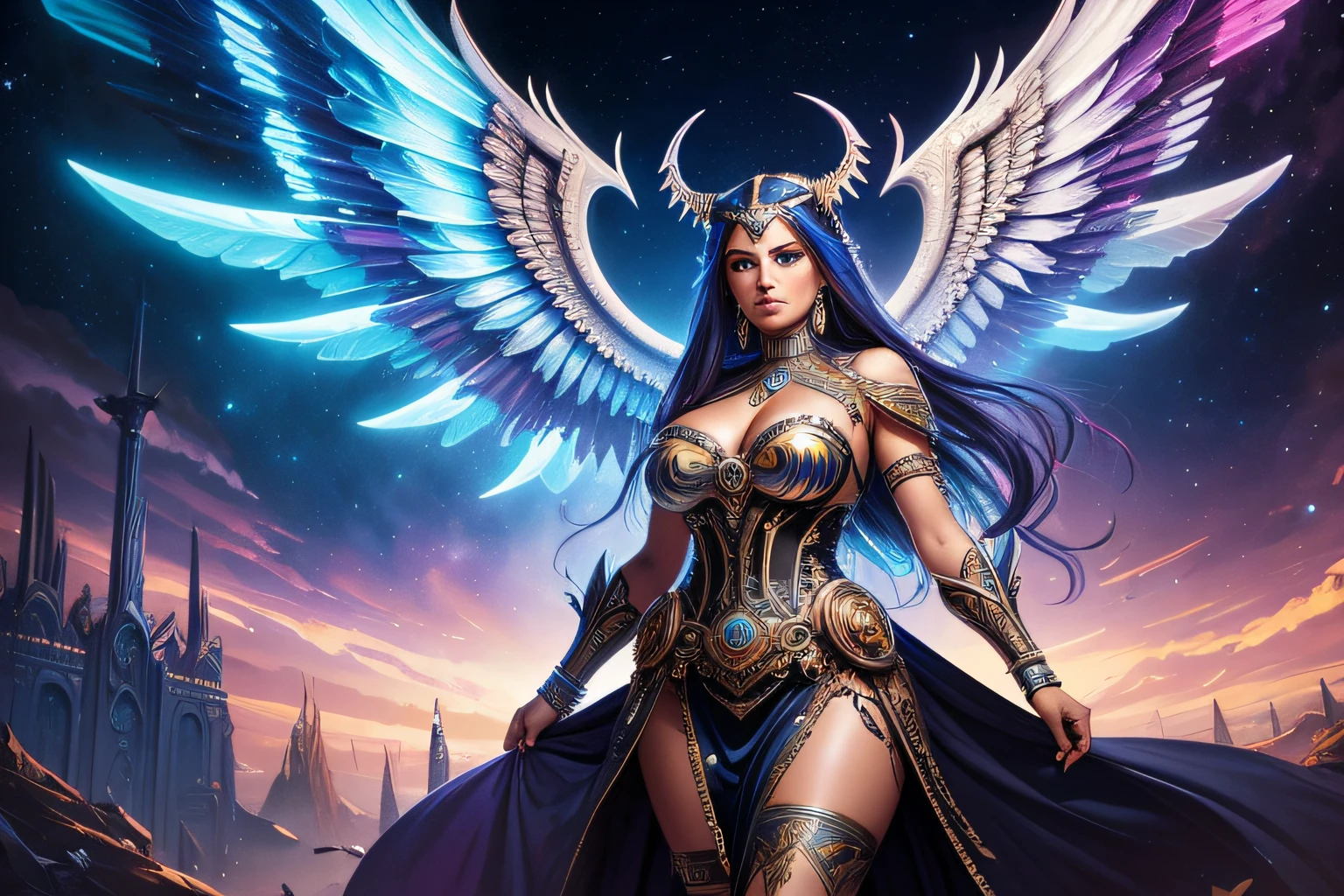 a painting of a woman with wings and a platinum dress, colorful sci-fi steampunk, drawn in the style of mark arian, an aztec warrior, heavy metal artwork, icelandic busty woman, holy cyborg necromancer girl, heavenly color scheme, pharaoh, featured art, freya