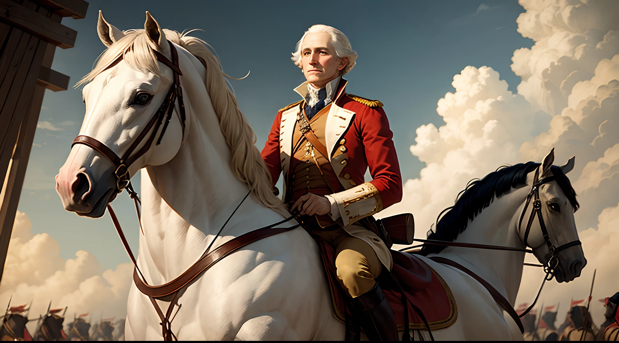 George Washington in the American Revolution on a horse leading his army