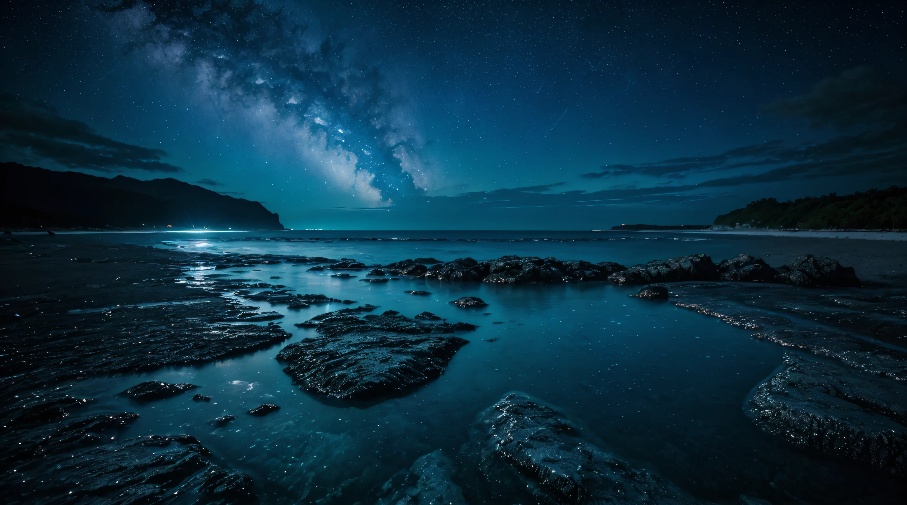 stunning scenery, surreal lighting, extremely extravagant lighting, vivid color, beautiful scenery, night, natural, (bioluminescent beach), ((stars in the sky)), (((hyper realistic water))), blue reflection of water