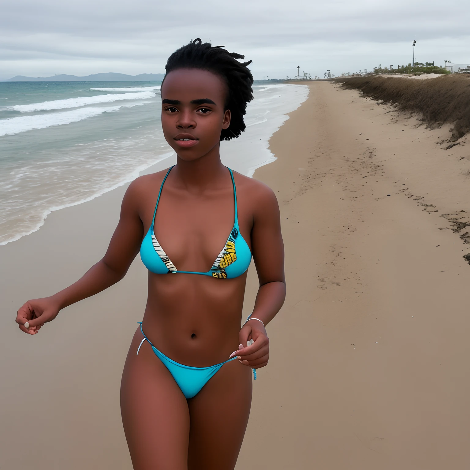 Beautiful 18-year-old African Jorge, de rasgos finos, usando un micro bikini de plata, caminando por la orilla de la playa, detailmaster2