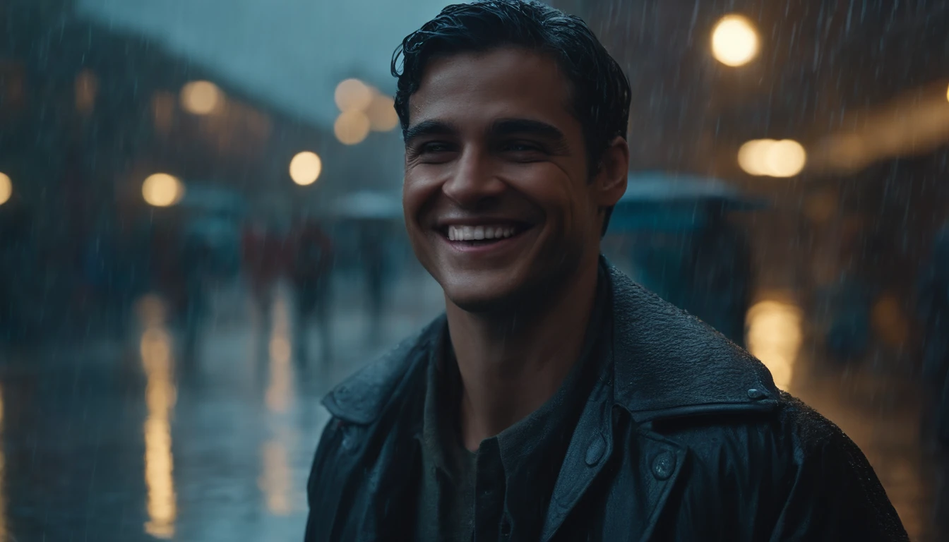 An image of a person smiling in the rain. hyperrealistic, detailed, cinematic, 8k