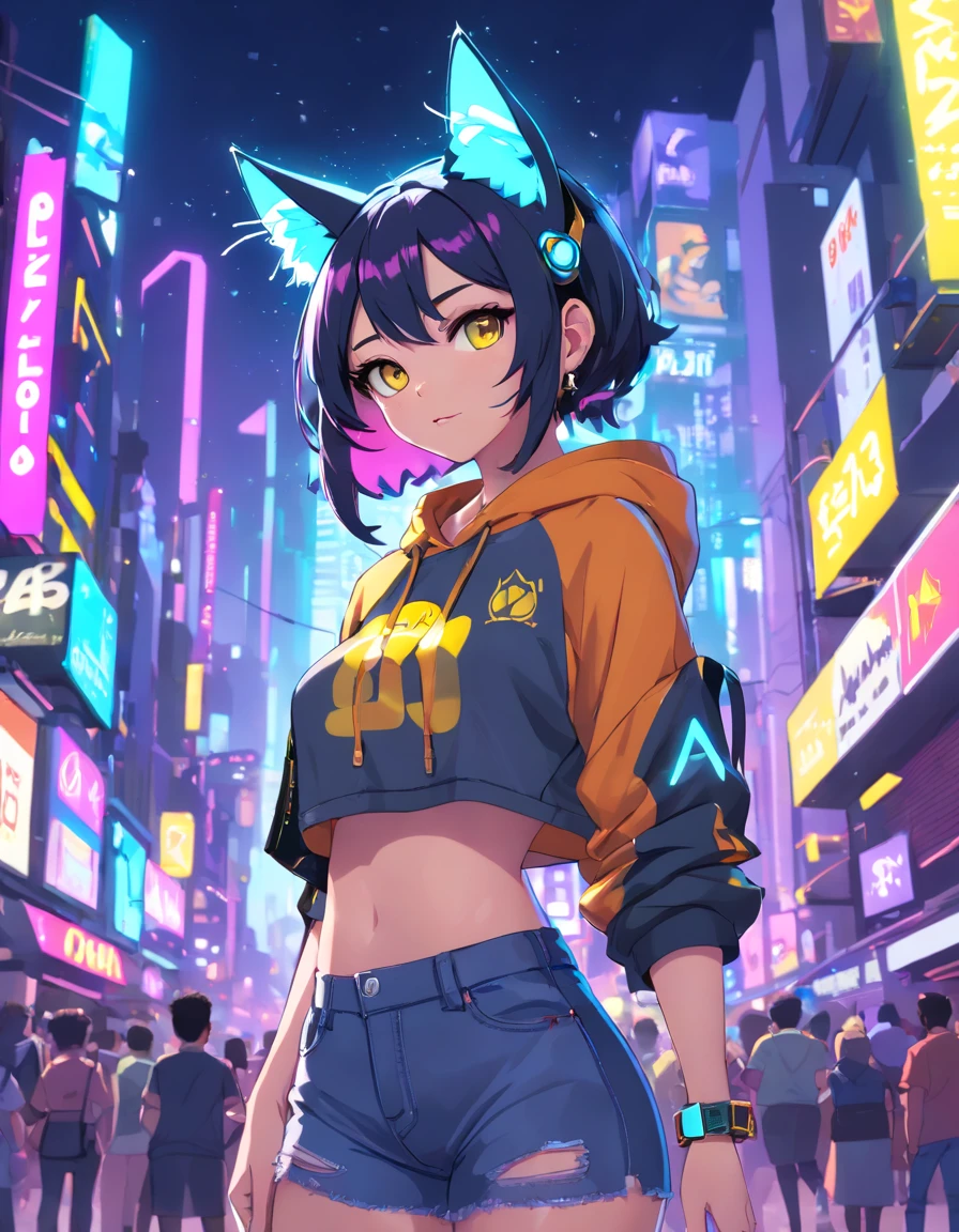 (paisagem da cidade cyberpunk) () Nyonix, mulher anime cyberpunk, posing from behind in Metropolis with a rebellious spirit. Her hair seemed to dance under neon lights, The color changes with each heartbeat. Her costume is a fusion of threads, circuito, e moda urbana, Decorado com placas de neon，Cintilar como uma luz da cidade. Nyonix exudes an aura of technical prowess, Como se pudesse invadir as cidades ao seu redor. In your presence, Paisagens urbanas cyberpunk ganham vida, Holographic billboard changes to show your message，The air was filled with mechanical hums and protest slogans, bunda grande, jeans quente, menina spacepunk,(((1girl))),((menina bonita com orelhas de gato brilhantes e luminosas)), (seios grandes:1.4),Sagging Tits,((cabelos pretos,black messy hair,cabelos internos coloridos,cabelos grandes,cabelos absurdamente longos e despenteados:1.35,cabelos pretos longos,ear breathing)),((((orelhas de gato,cat ears on her head,Orelhas de gato grande)))),(((olhos cor-de-rosa:1.3,olhos virados para cima:1.3,olhos perfeitos,belos olhos detalhados,belos olhos finamente detalhados:1,symmetric eyes:1))),((gordura)),(((Pele Lustrosa:1.5,pele brilhante: 1.5,pele bronzeada,pele brilhante,pele muito brilhante,corpo brilhante,plastic glitter skin,pele brilhante exagerada,pele iluminada,pernas molhadas))),(abdome inferior da aranha,cintura estreita,quadril largo,corpo atletico,pernas infladas,delicados dedos detalhados,corpo detalhado,human hands,(Rosto detalhado)), fofo,Sacanagem,sedutor,Erotic,(((NSFW))), Zettai Ryouiki,Roupas reveladoras,mostrar pele,(((Peito Inferior))),(clivagem),(seminu,com pouca roupa,((Tiny floss)),pernas nuas,Visible floss bracelets),((((Hoodie Crop Top,Capuz cropped,Capuz,capuz intrincado)))),((roupas molhadas,roupa detalhada,roupas detalhadas)), (dynamic pose:1.0),foco solo,Embarrassed,(Centrado,scale to fit dimensions,rule of thirds), Cyberpunk city by the sea at night, com sinais de
