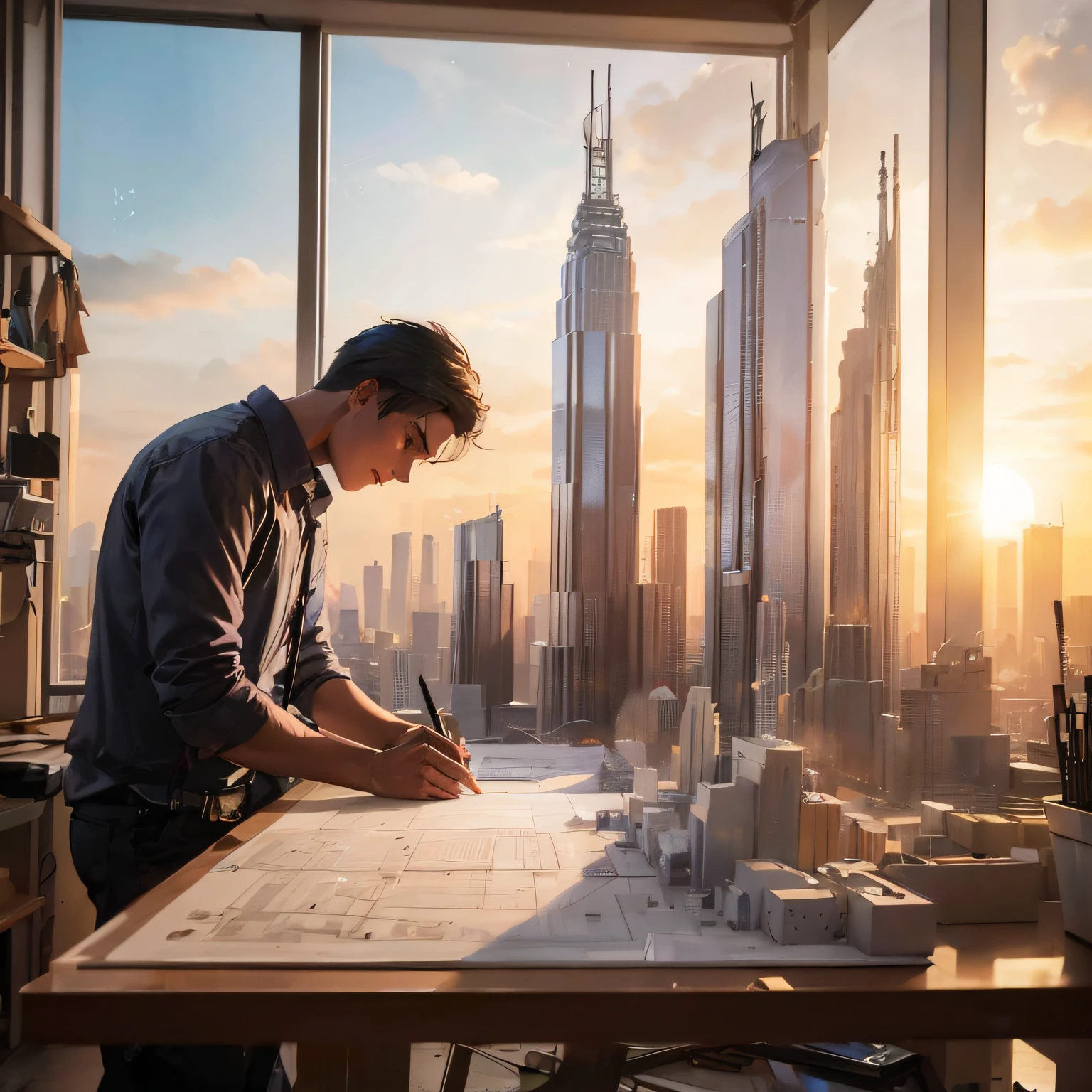 a boy architect working on a skyscraper, detailed cityscape, construction site, modern design, blueprints, drafting table, hard hat, safety harness, crane in the background, busy workers, glass facade, steel beams, concrete structure, sunlight filtering through the windows, vibrant atmosphere, realistic and high-resolution image, professional rendering, vivid colors, dramatic lighting.