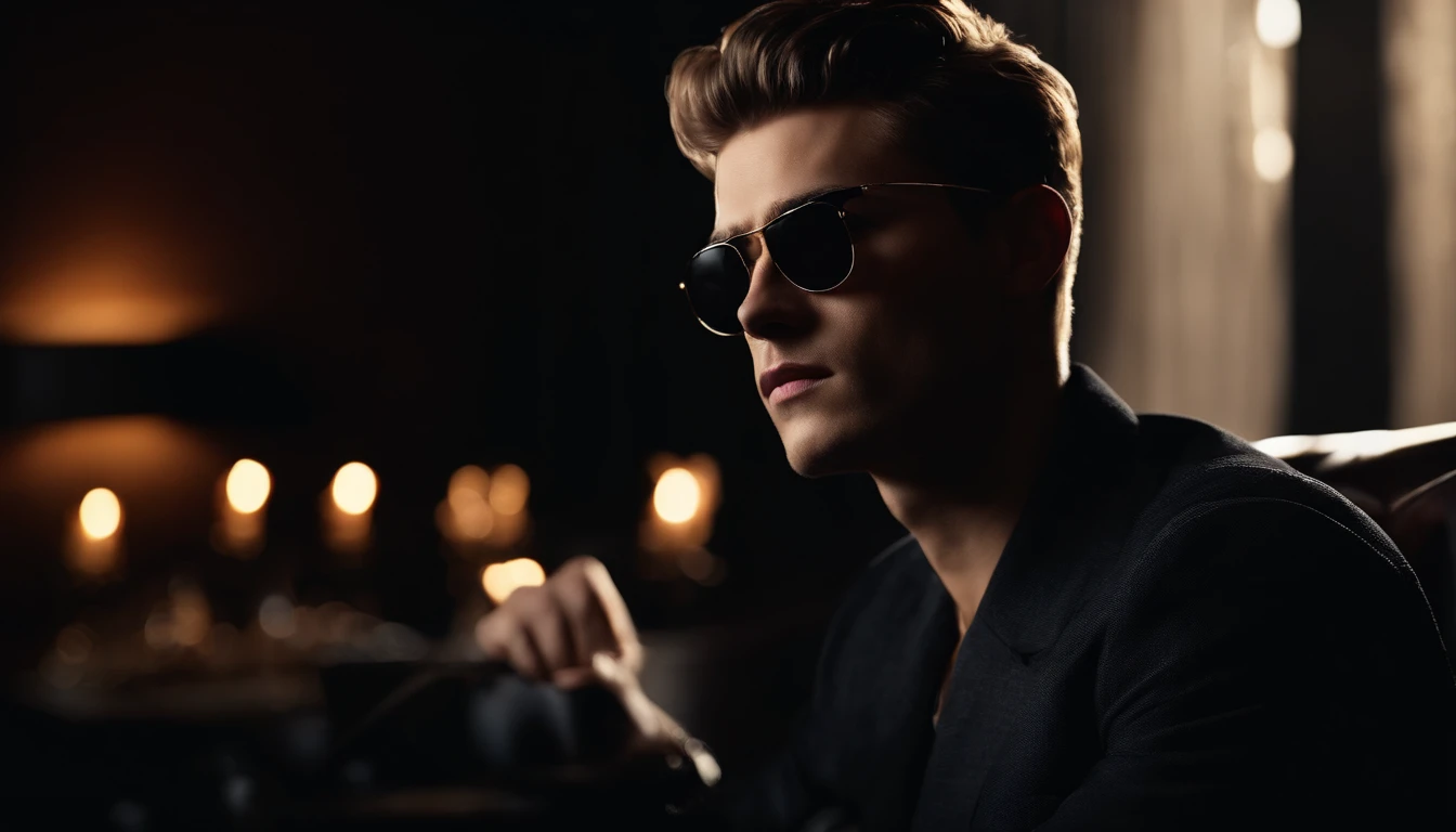 (best quality,ultra-detailed,picture-perfect,professional:1.2),boy with sunglasses,black background,cool,dark,stylish,contrast,lit from the side