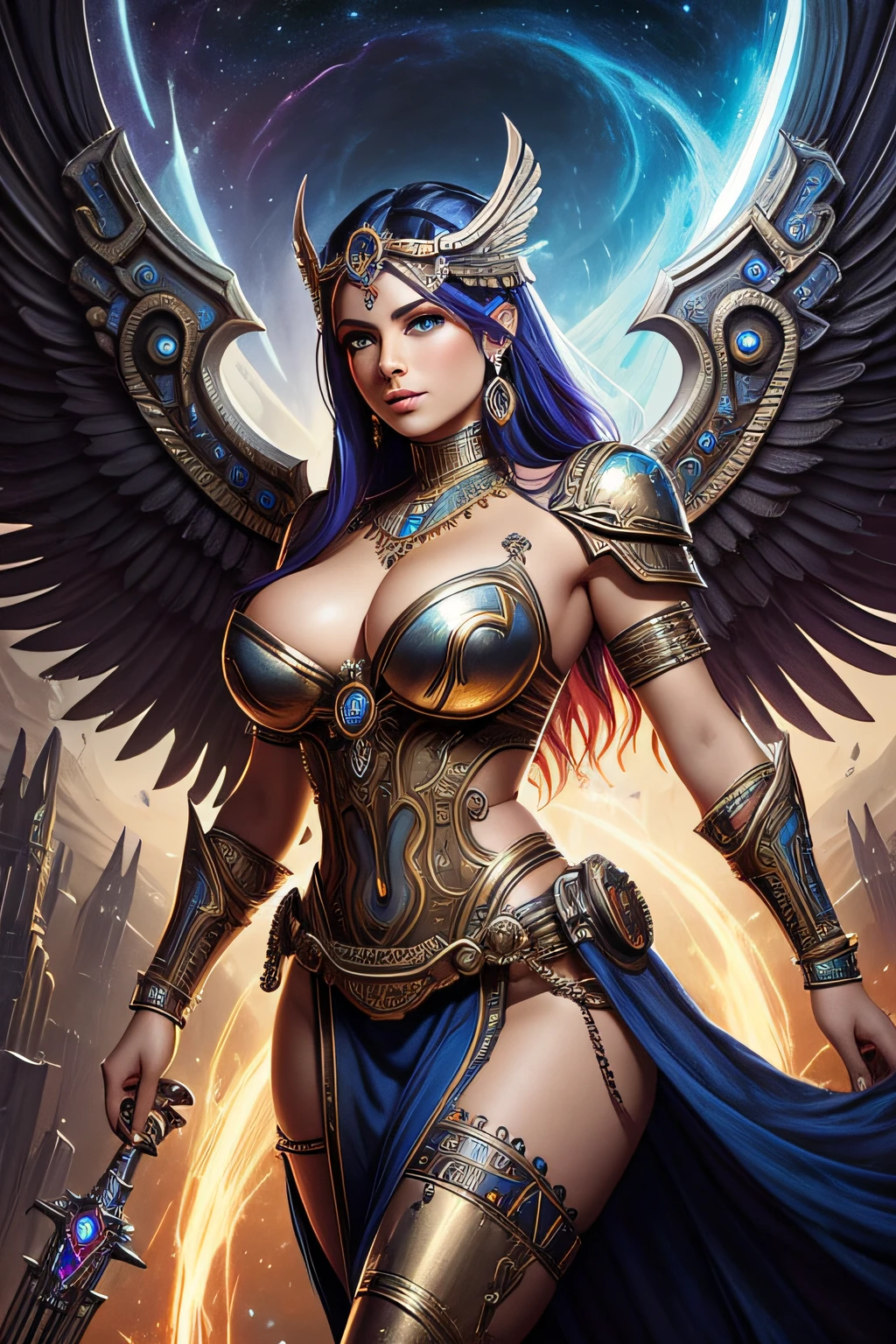 a painting of a woman with wings and a platinum dress, colorful sci-fi steampunk, drawn in the style of mark arian, an aztec warrior, heavy metal artwork, icelandic busty woman, holy cyborg necromancer girl, heavenly color scheme, pharaoh, featured art, freya