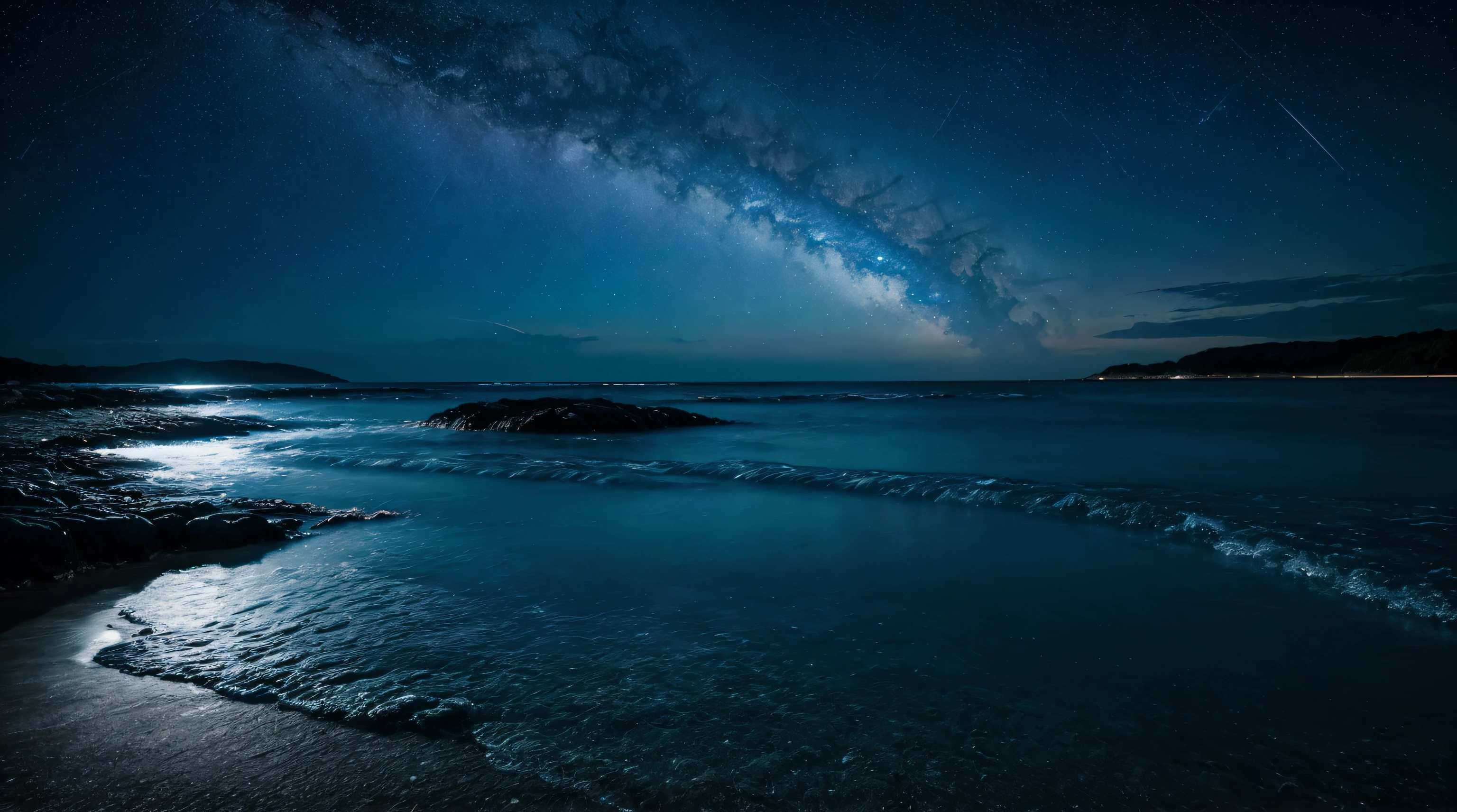 stunning scenery, surreal lighting, extremely extravagant lighting, vivid color, beautiful scenery, night, natural, (bioluminescent beach), ((stars in the sky)), (((hyper realistic water))), blue reflection of water