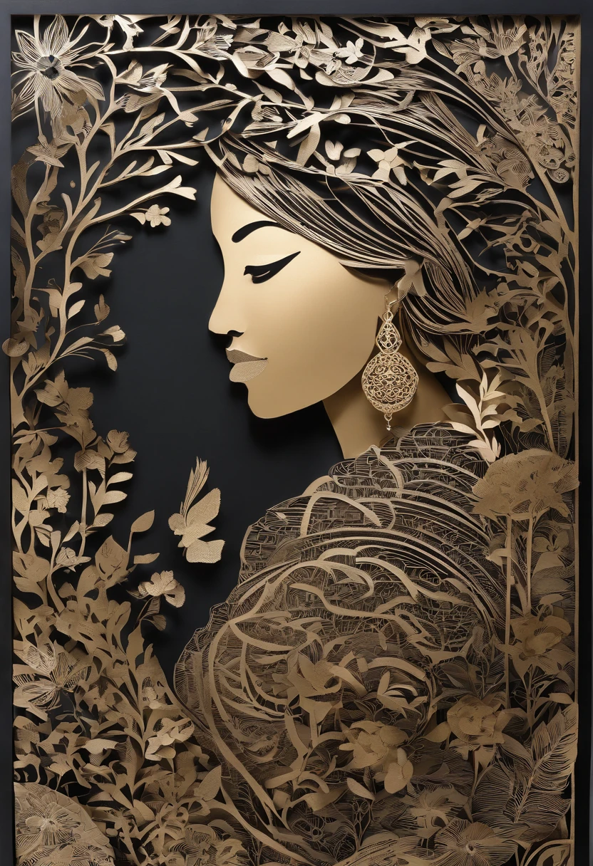 a malay woman is covered with tiny people with various acting in black, in the style of detailed atmospheric portraits, indigo and bronze, made of all of the above, social media portraiture, intricately textured, fragmented, emotive expressions,