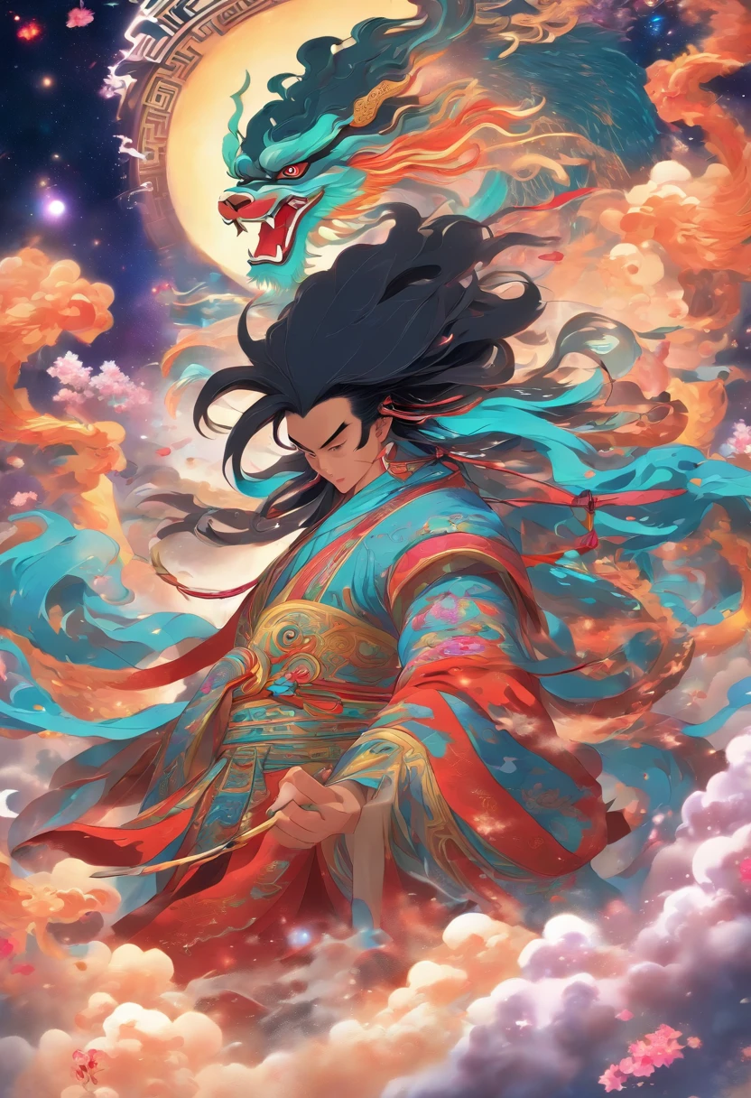 (((Chinese))) Best Quality, Ultra-High Resolution, 4K Detailed CG, Masterpiece, PANGU,Giant,Black Hair,Axe,Galaxies,Universe,Chinese Mythology, Chinese Painting Style, Shui mo Hua, Style Thangka,Aesthetics, Beautiful Image, Depth of Field, Centered on Screen