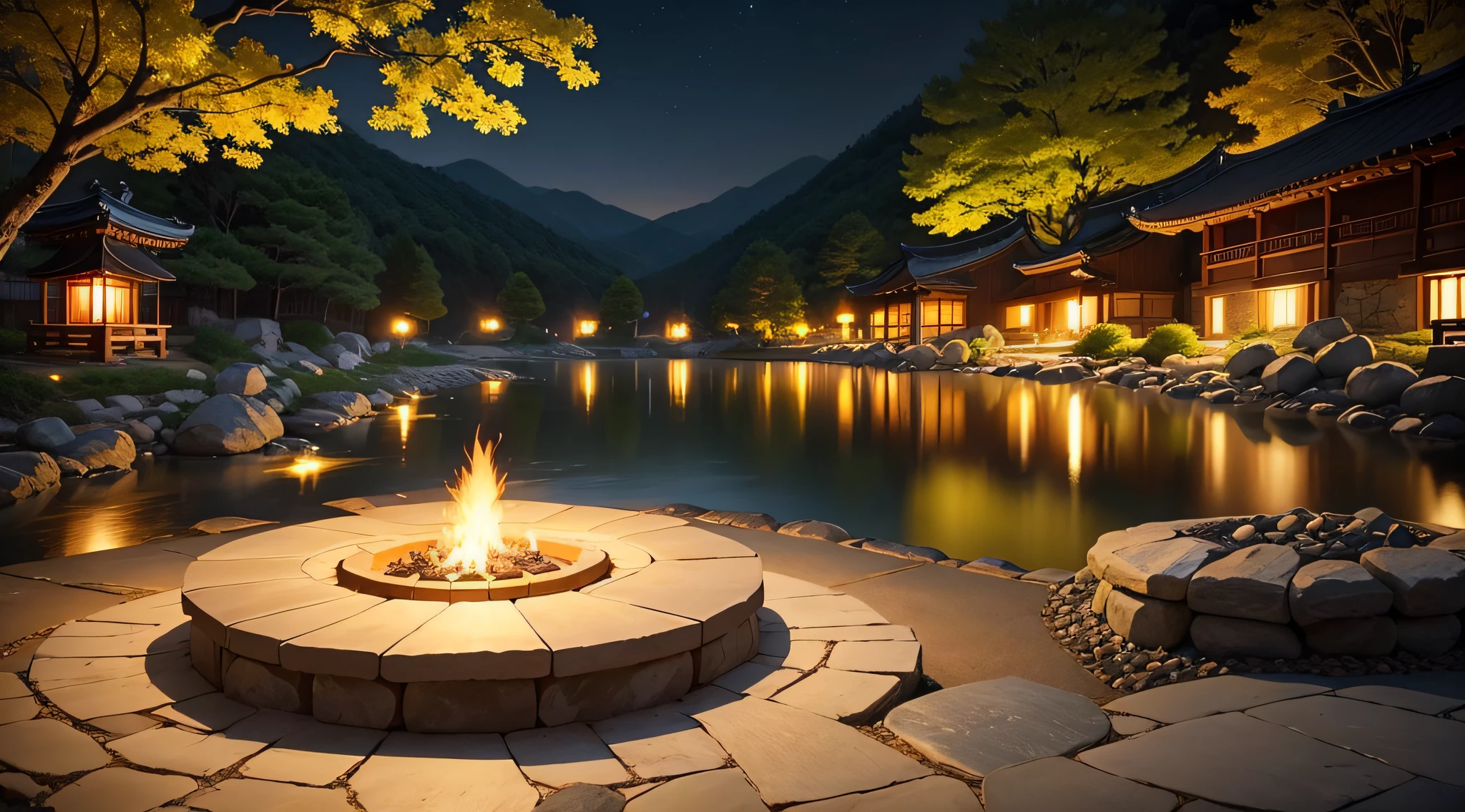 break, calm, recuperation, Heles, Scenery of Korea, night scene, Small creek, candles, Circular fire pit