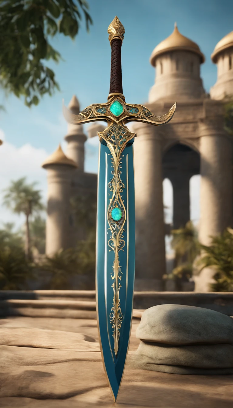 Excalibur, Delicate mango, The sword body is exquisite，well decorated,（((The sword body is designed with a blue opal and light green particle effect shape pattern..：1.3))), Should, (The sword body is symmetrically decorated:1.3), (The entire Excalibur blade is centered:1.3), Close-up at medium range,（General silhouette:1.3),（Fantastic landscape painting:1.2), Ultra Realistic Photo, super-fine, 8K, Premium wallpapers, the highest picture quality, ..。.。.。.3D,C4D, tmasterpiece, rendering by octane