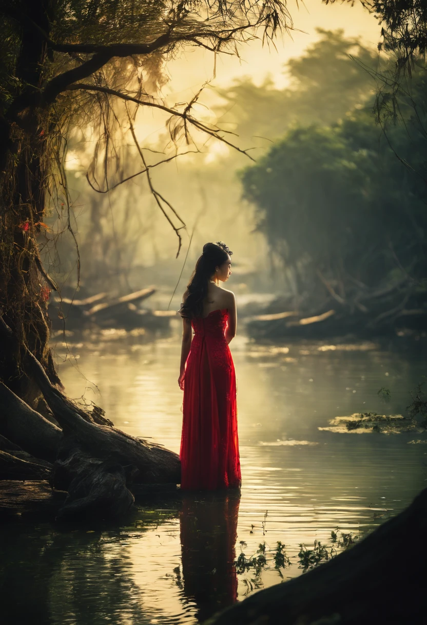In a horrible fairy-tale swamp under the moonlight in Halong Bay, Vietnam, a young Vietnamese girl in Dress stands gracefully in the water. The murky swamp is surrounded by mysterious trees with gnarled branches and twisted roots, creating an eerie and otherworldly atmosphere. The moonlight casts a delicate glow, illuminating the scene with a soft, ethereal light.

The Girl's Ao Dai, a traditional Vietnamese dress, flows gently in the water, creating a sense of movement and serenity. The dress is adorned with intricate embroidery, showcasing the rich cultural heritage of Vietnam.

The warm colors of the scene create a balanced and harmonious composition. The girl's dress is a vibrant shade of red, symbolizing luck and joy in Vietnamese culture. The water reflects the moonlight, creating a shimmering effect and adding depth to the image. The surrounding vegetation is a mix of deep greens and earthy tones, further accentuating the mysterious and enchanting ambiance of the swamp.

The overall quality of the image is of the highest caliber, with ultra-detailed rendering and photorealistic textures. The lighting is carefully crafted, with a focus on highlighting the girl's silhouette and the subtle interplay between light and shadow.

This prompt encompasses elements of both fantasy and reality, blending them seamlessly to create a captivating and evocative image. It captures the essence of a haunting fairy-tale setting while also paying homage to the beauty and cultural heritage of Vietnam.

[horror, fairy-tale, swamp, moonlit, Halong Bay Vietnam, Vietnamese girl, Dress, behind view, murky water, mysterious trees, gnarled branches, twisted roots, ethereal, soft glow, vibrant red dress, intricate embroidery, balanced composition, shimmering water, deep greens, earthy tones, enchanting ambiance, ultra-detailed rendering, photorealistic textures, carefully crafted lighting]
