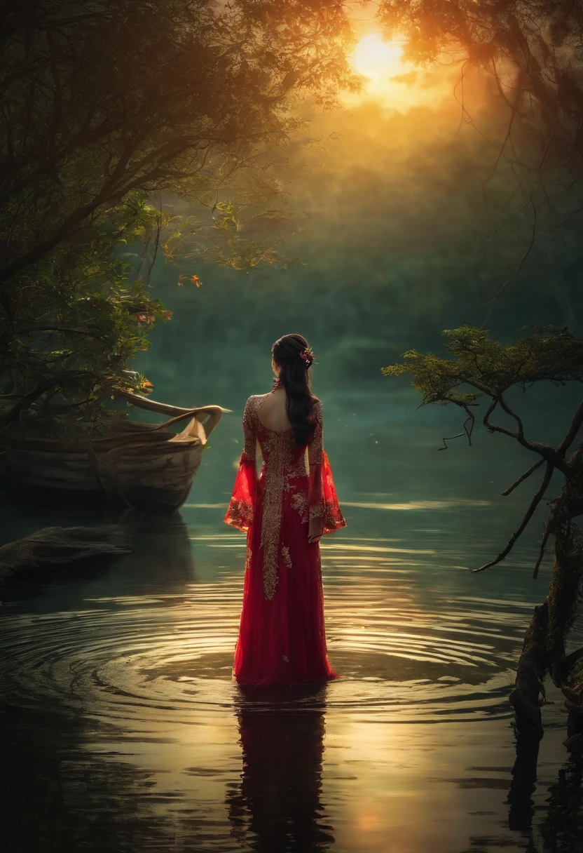 In a horrible fairy-tale swamp under the moonlight in Halong Bay, Vietnam, a young Vietnamese girl in Dress stands gracefully in the water. The murky swamp is surrounded by mysterious trees with gnarled branches and twisted roots, creating an eerie and otherworldly atmosphere. The moonlight casts a delicate glow, illuminating the scene with a soft, ethereal light.

The Girl's Ao Dai, a traditional Vietnamese dress, flows gently in the water, creating a sense of movement and serenity. The dress is adorned with intricate embroidery, showcasing the rich cultural heritage of Vietnam.

The warm colors of the scene create a balanced and harmonious composition. The girl's dress is a vibrant shade of red, symbolizing luck and joy in Vietnamese culture. The water reflects the moonlight, creating a shimmering effect and adding depth to the image. The surrounding vegetation is a mix of deep greens and earthy tones, further accentuating the mysterious and enchanting ambiance of the swamp.

The overall quality of the image is of the highest caliber, with ultra-detailed rendering and photorealistic textures. The lighting is carefully crafted, with a focus on highlighting the girl's silhouette and the subtle interplay between light and shadow.

This prompt encompasses elements of both fantasy and reality, blending them seamlessly to create a captivating and evocative image. It captures the essence of a haunting fairy-tale setting while also paying homage to the beauty and cultural heritage of Vietnam.

[horror, fairy-tale, swamp, moonlit, Halong Bay Vietnam, Vietnamese girl, Dress, behind view, murky water, mysterious trees, gnarled branches, twisted roots, ethereal, soft glow, vibrant red dress, intricate embroidery, balanced composition, shimmering water, deep greens, earthy tones, enchanting ambiance, ultra-detailed rendering, photorealistic textures, carefully crafted lighting]