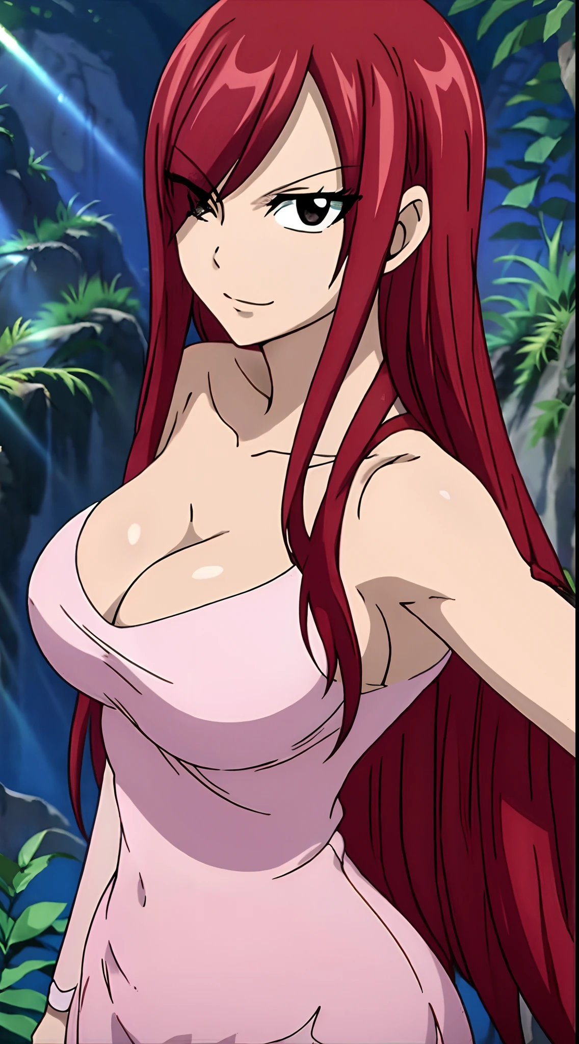 eyes shining, natural light, cinematic light, realistic body, detailed body, detailed eyes, realistic face,masterpiece,gala dresses,cleavage,best quality, highres, fairy tail, 1girl, long hair, reddish hair, (bang cover one eye, one hidden eye, brown eye), large breasts, collarbone, midriff, standing, midnight, smile, open mouth, emo hair, thick arms, broad shoulders, mature woman, (tall), wide shoulders, long belly, strong arms, ultra detailed arms,