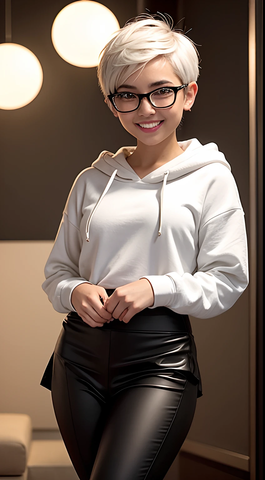 Malay girl, very short white hair, Sculpted Pixie cut hair, wear high waist pleated skirt with leggings, big oversized hoodie, wear glasses, spectacles,happy pose, front view, windy, detail skin, age spot, detail skin texture, mole below eyes, small breast, flat chest, wide hips, small waists, thick thighs, slim abs, beautiful body, nighttime, laughing, happy, bright lighting, white hotel living room, blur background, bokeh,