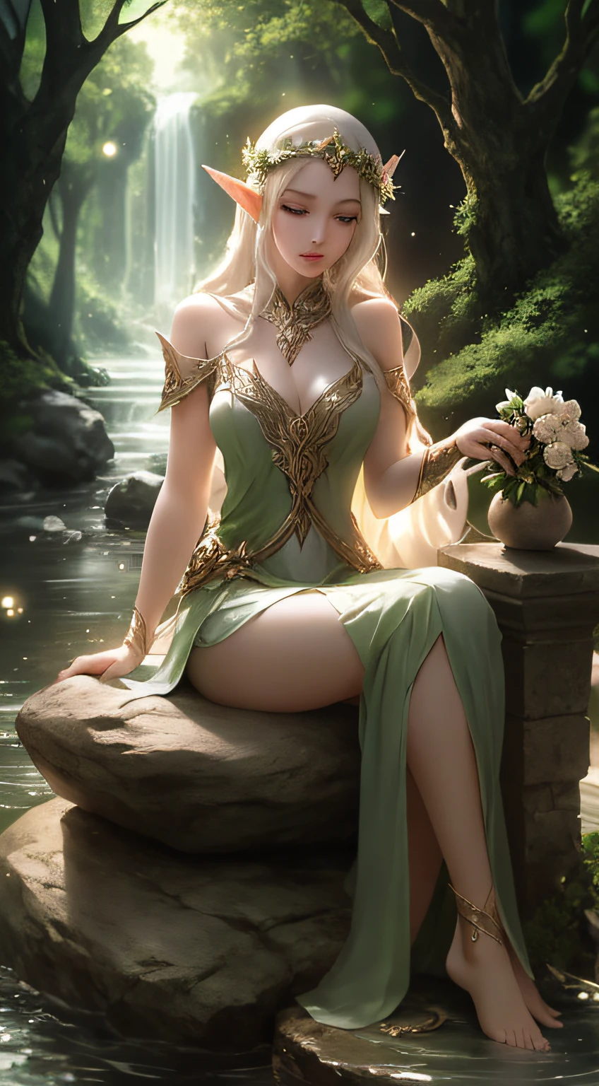 Real girl sitting on stone，Holding a flower in hand, beautiful and elegant elf queen, goddess of nature, beautiful fantasy art, Fantasy art style, goddes,Extremely detailed Artgerm, Sexy elf princess，beautiful elven princess, beautiful age girl