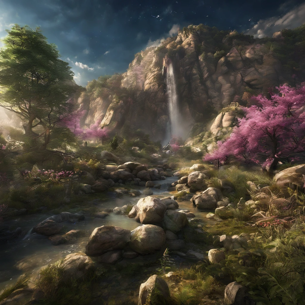 Magnificent view，Forest edge landscape photography Professional high-quality nature digital photography，(water flowing),Spring flowers bushes in the sunlight on a rainy day，precipice，Eau，Boulders，foggy sky，Traces of rain，Nightmare vision， Dark fantasy plot，Perfect and excellent composition，8K分辨率，the detail，Ultra-wide-angle distance shooting，background inside dark，Jack Guzman's environmental art photography，realisticlying，cinematic compositions，Volumetriclighting，A high resolution，vividness, A detailed, Stunning sky,Colorful clouds float，true to life, Pubic area is clear, flawless perfection, Digital SLR, 1024, 2048, 4096, A detailed, Sharp, best qualtiy, high qulity, absurderes，unmanned background，The is very detailed、Detailed lighting shadows，Trends on ArtStation、iintricate、high detal、dramatics、Midjourney Art（Volumetriclighting：1.2）hdr shot。（Faraway view，Super deep view，ultra-wide-angle，Microfocal length lens：1.2）（realisticlying：1.4）tmasterpiece、high high quality、Beautiful photography、globalillumination、