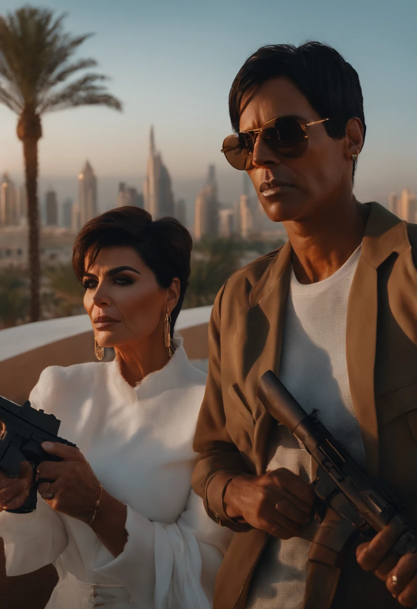 Kris Jenner holding a gun,Travis Scott scared,Kylie Jenner looking scared,background=Dubai balcony,medium=oil painting,ultra-detailed,best quality,highres,photorealistic,vivid colors,studio lighting