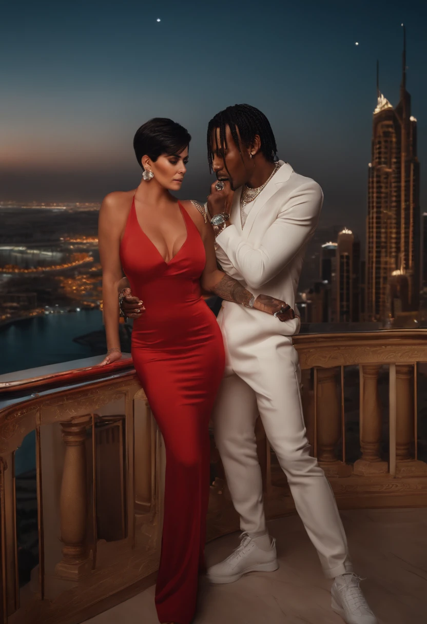 Kris Jenner holding a gun,Travis Scott scared,Kylie Jenner looking scared,background=Dubai balcony,medium=oil painting,ultra-detailed,best quality,highres,photorealistic,vivid colors,studio lighting