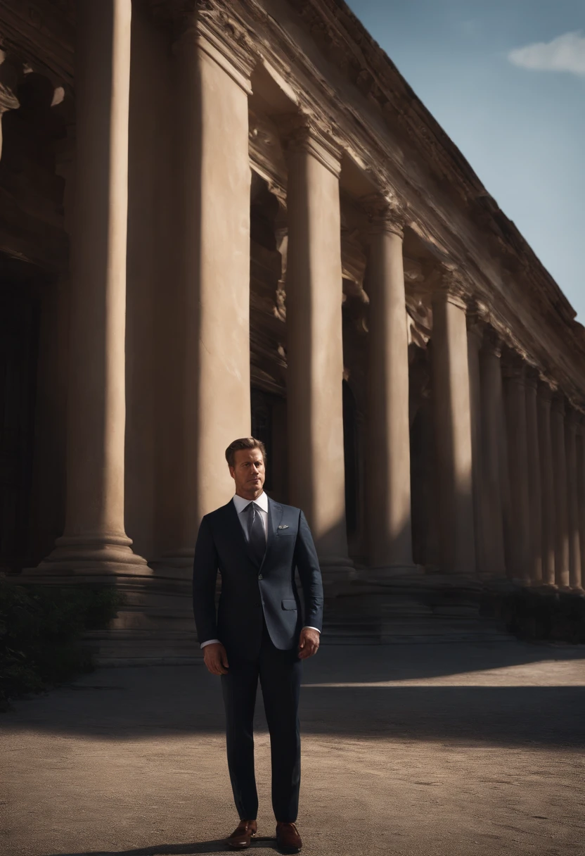 a Man standing with 18 years in suit and tie, body and head straight in the photo, DSRL, facing the viewer of the photo, eyes fixed to the lens, appears shoulders and head in the photo, man centered in the photo, 8k, best quality, masterpiece, realistic, realistic photo, movie photo, ultra realistic, 1 person, detailed, Perfect lighting, DSRL, professional photo, 4k