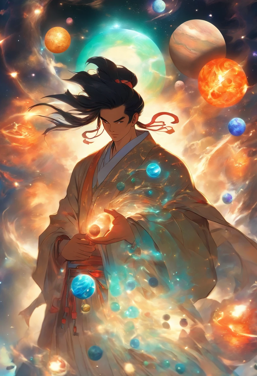 (((Chinese MAN holding planets))) Best Quality, Ultra-High Resolution, 4K Detailed CG, Masterpiece, PANGU,Giant,Black Hair,Axe,Galaxies,Universe,Chinese Mythology, Chinese Painting Style, Shui mo Hua, Thangka Style,Aesthetics, Beautiful Image, Depth of Field, Centered on Screen